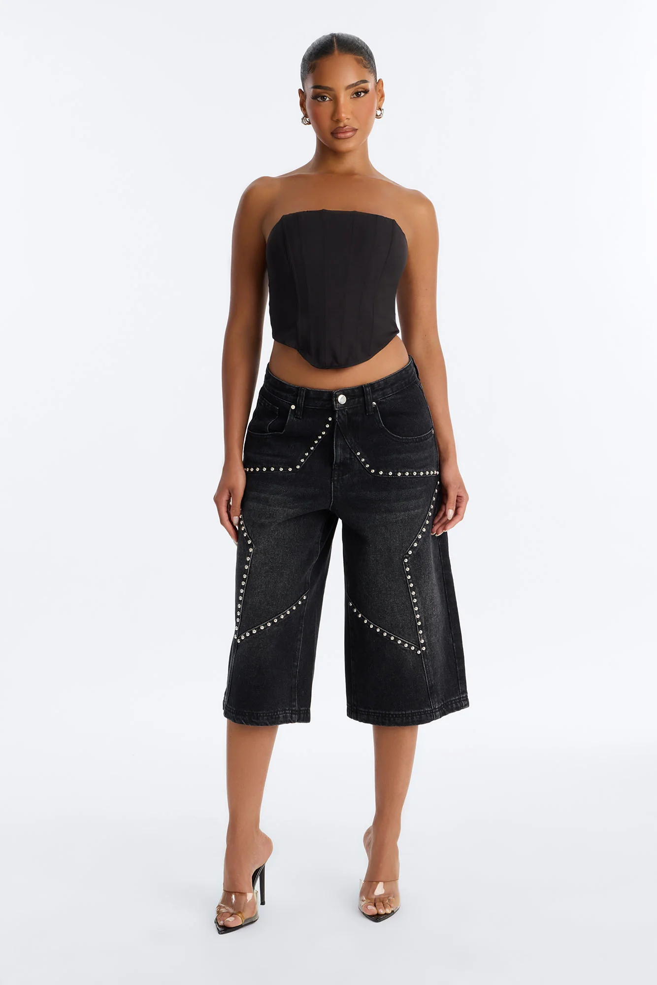 Starry Nights Studded Drop Waist Denim Culotte Jeans - Black Wash