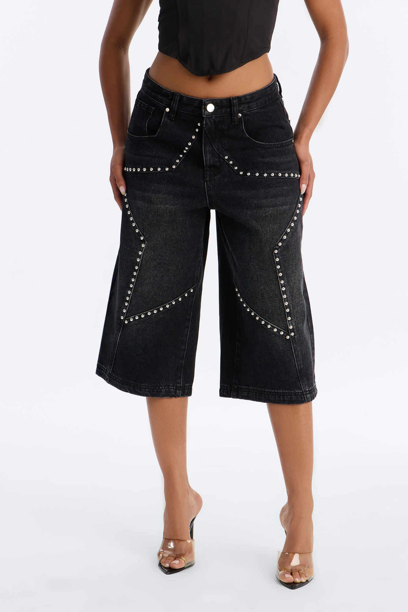 Starry Nights Studded Drop Waist Denim Culotte Jeans - Black Wash - Image 2