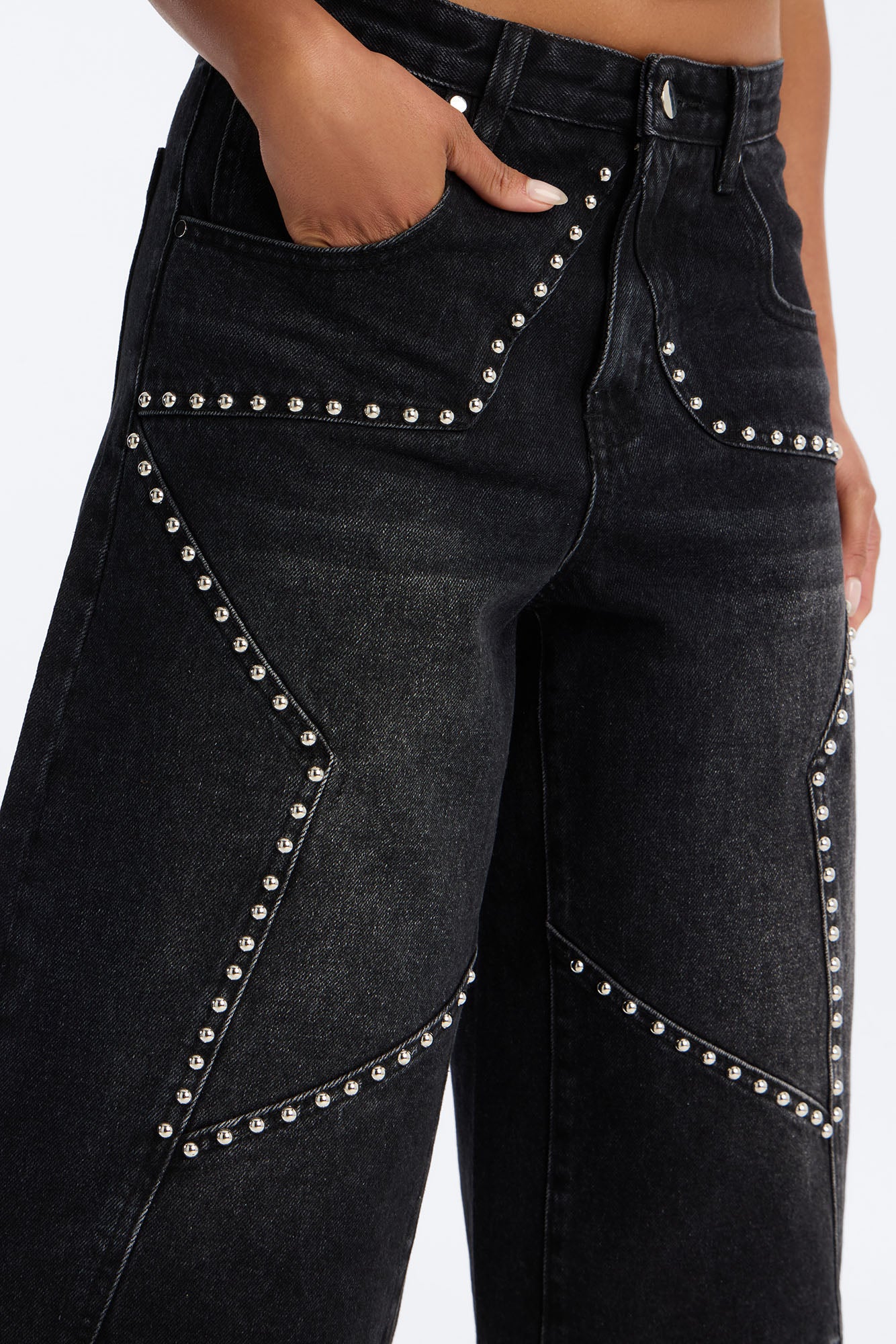 Starry Nights Studded Drop Waist Denim Culotte Jeans - Black Wash - Image 3