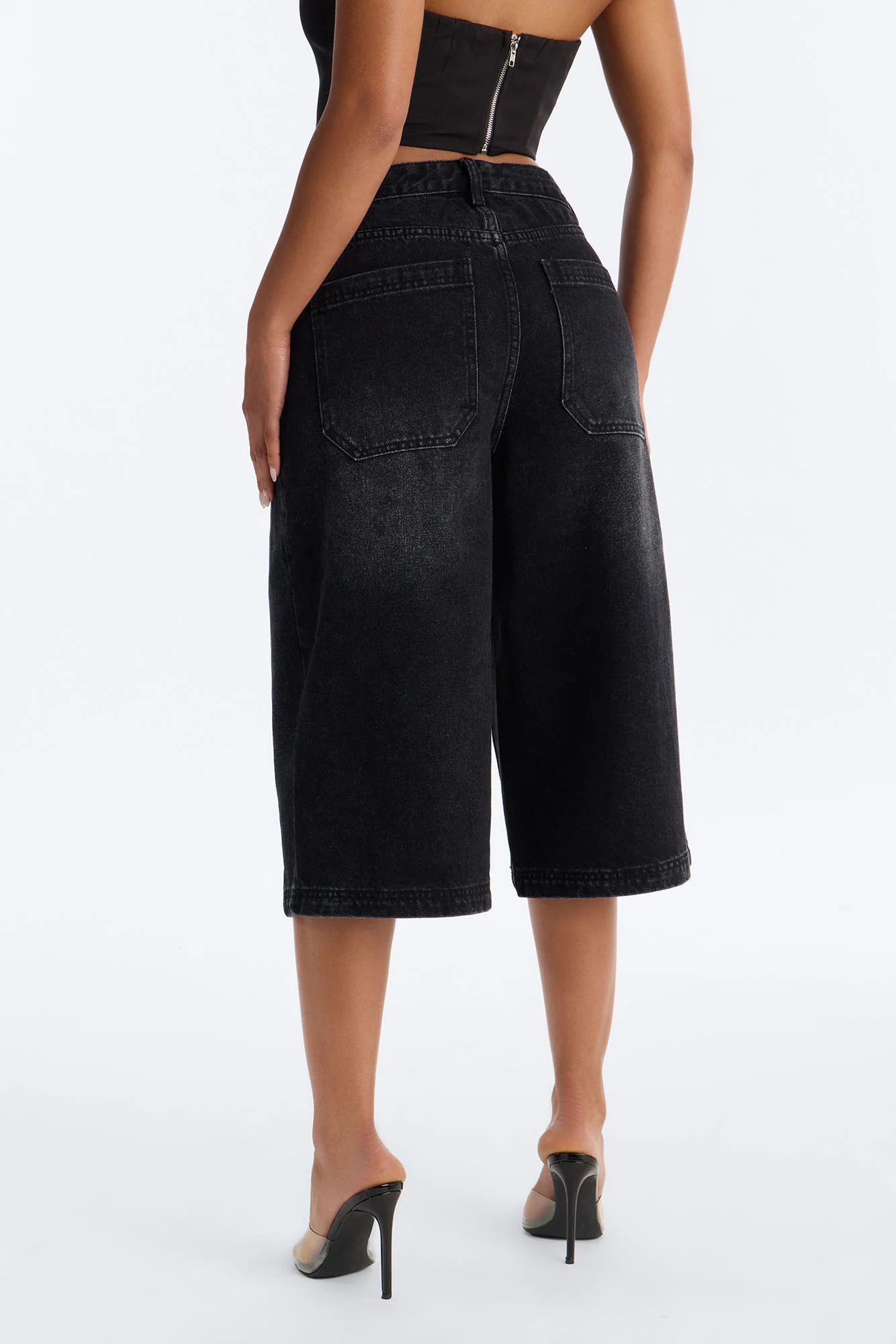 Starry Nights Studded Drop Waist Denim Culotte Jeans - Black Wash - Image 4