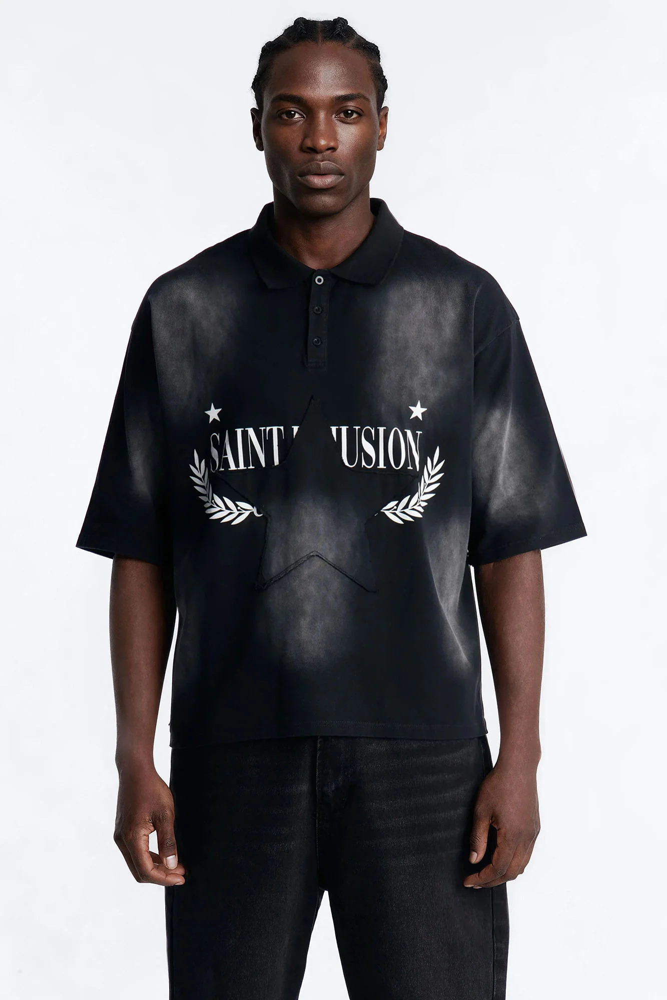 Stars And Saints illusion Short Sleeve Knit Polo - Black