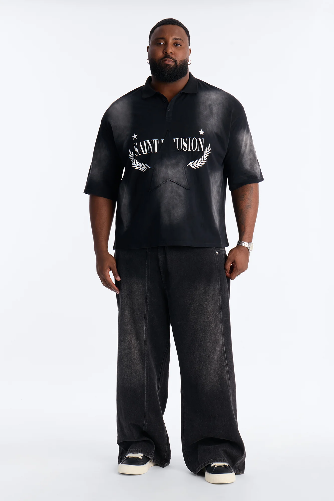 Stars And Saints illusion Short Sleeve Knit Polo - Black - Image 6