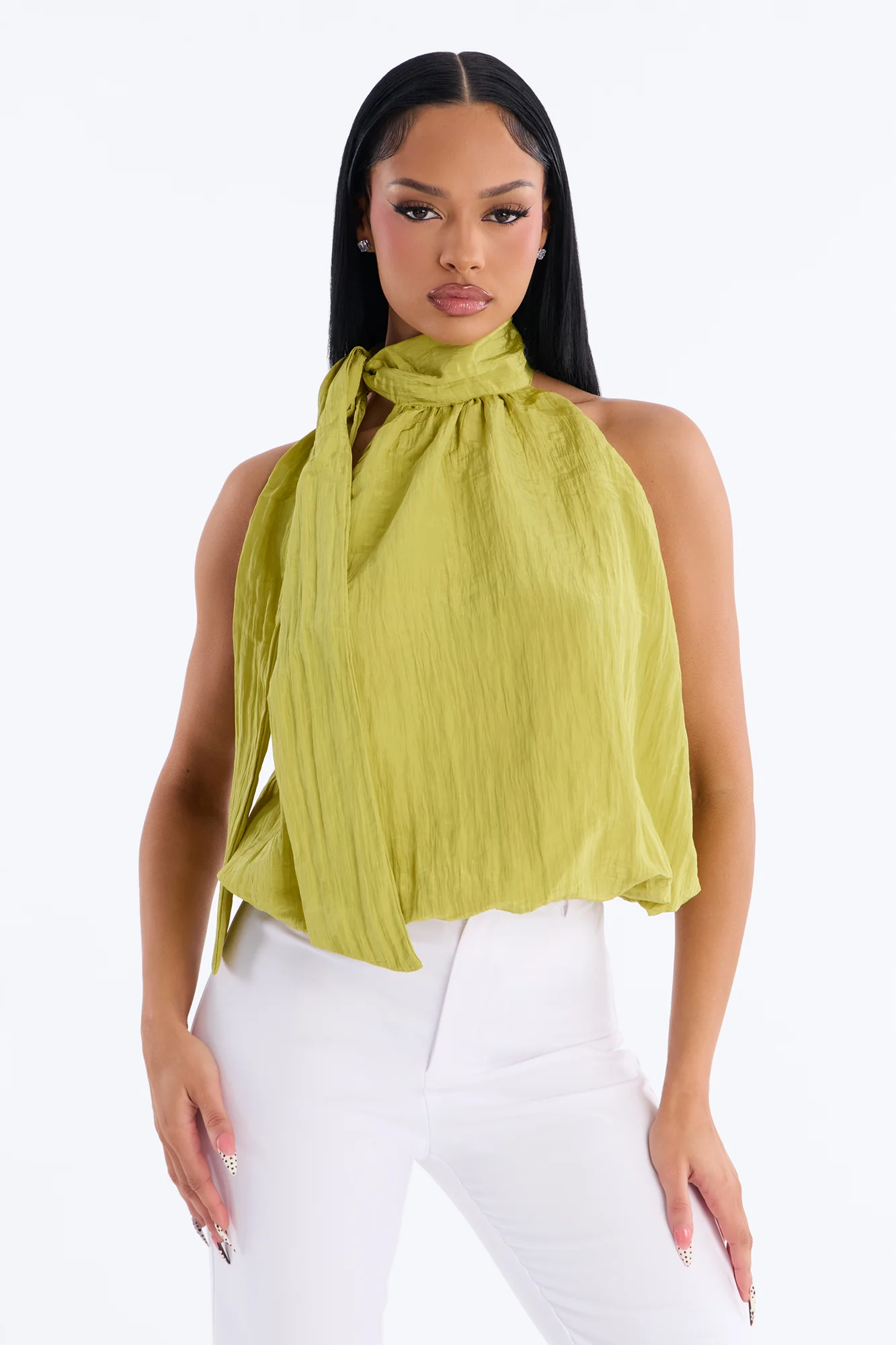 Stay Extra Scarf Plisse Top - Chartreuse