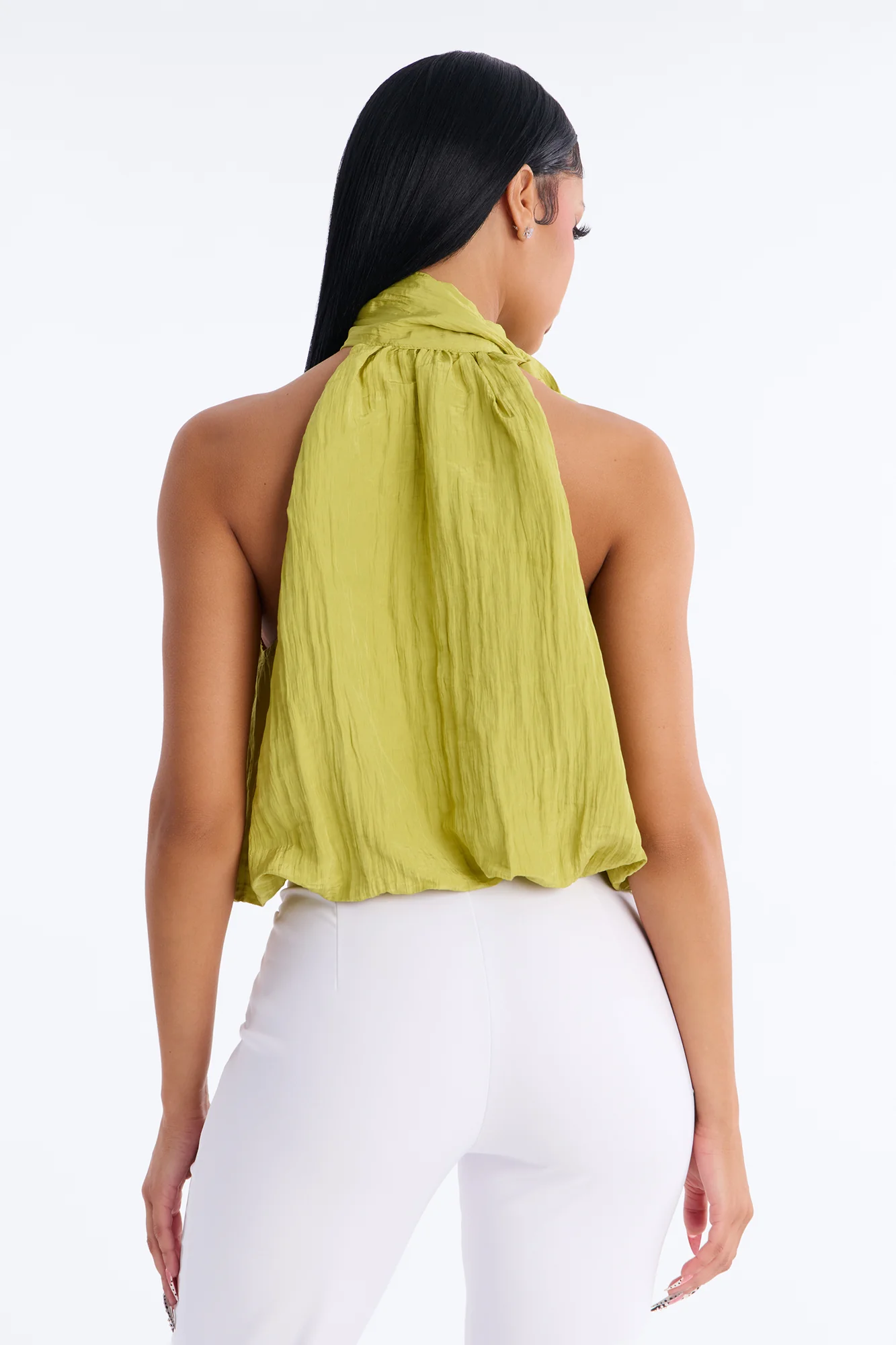 Stay Extra Scarf Plisse Top - Chartreuse - Image 4