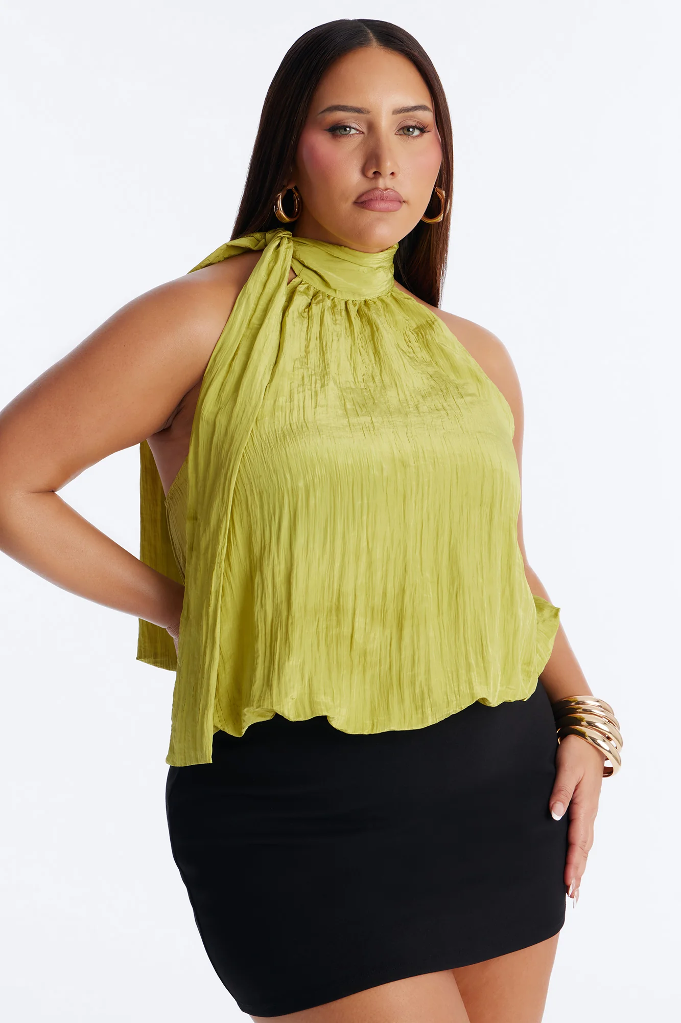 Stay Extra Scarf Plisse Top - Chartreuse - Image 5