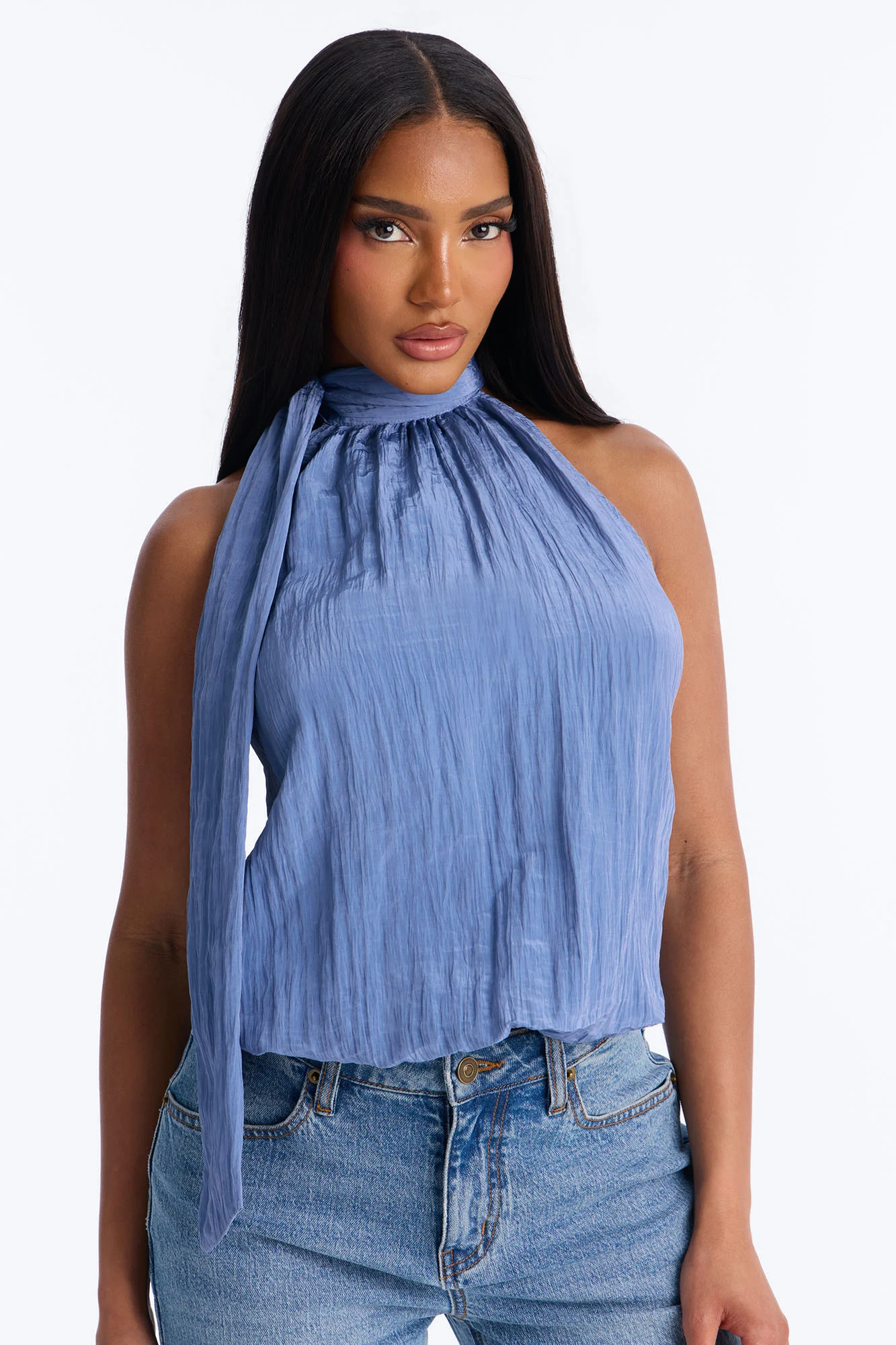 Stay Extra Scarf Plisse Top - Periwinkle