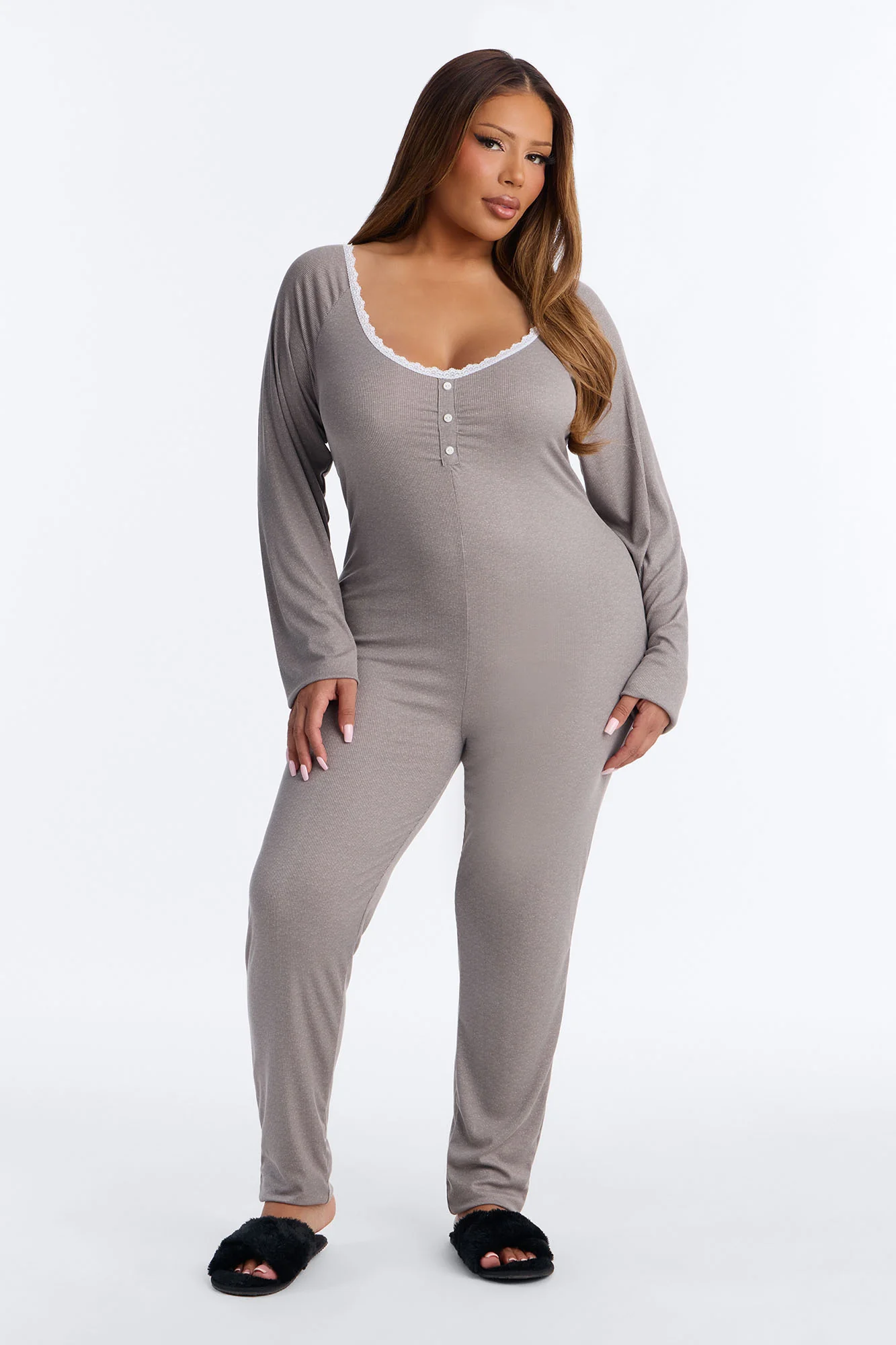 Stay In With Me Ribbed Henley PJ Jumpsuit Onesie - Charcoal - Image 5