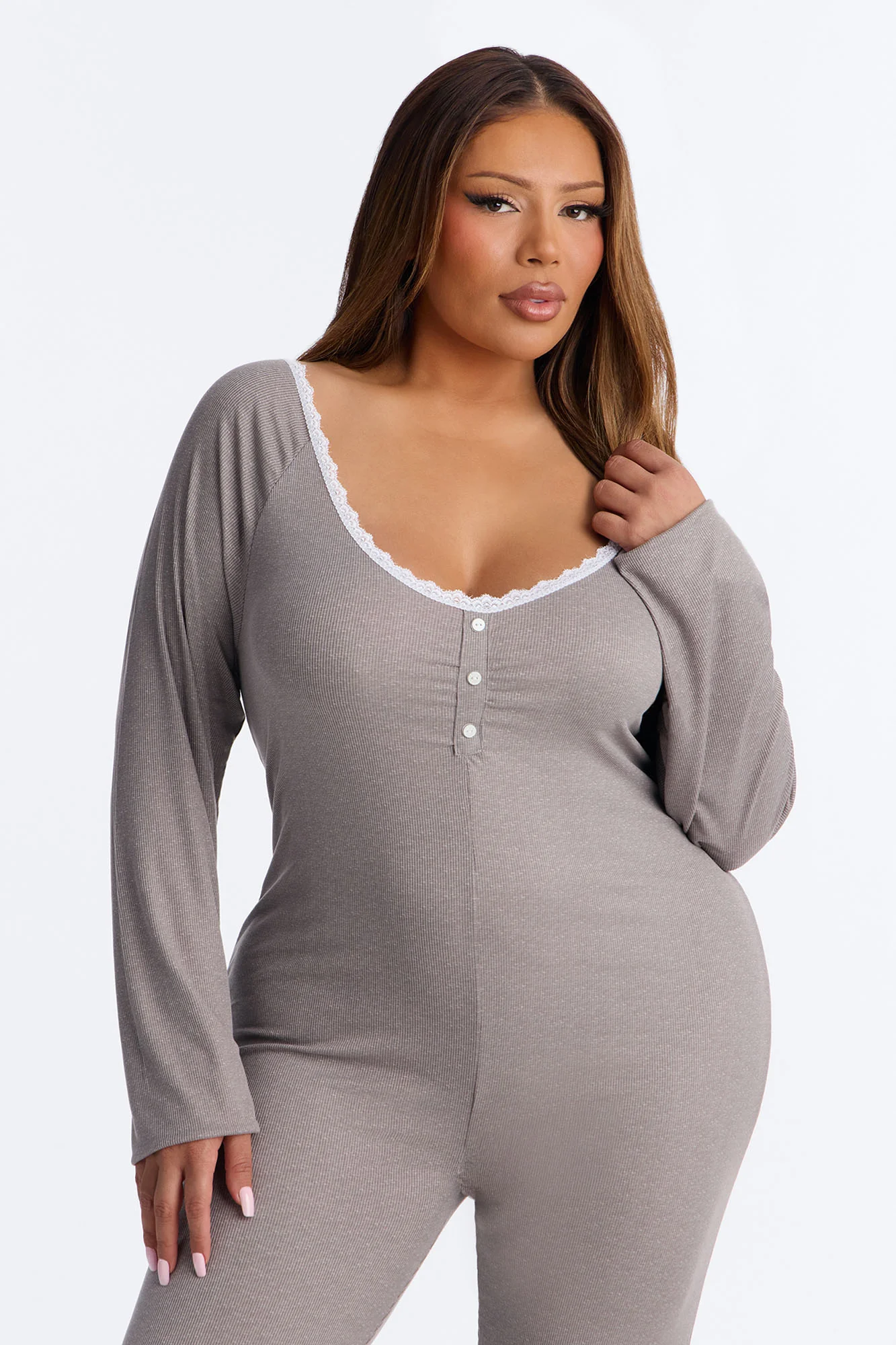 Stay In With Me Ribbed Henley PJ Jumpsuit Onesie - Charcoal - Image 6