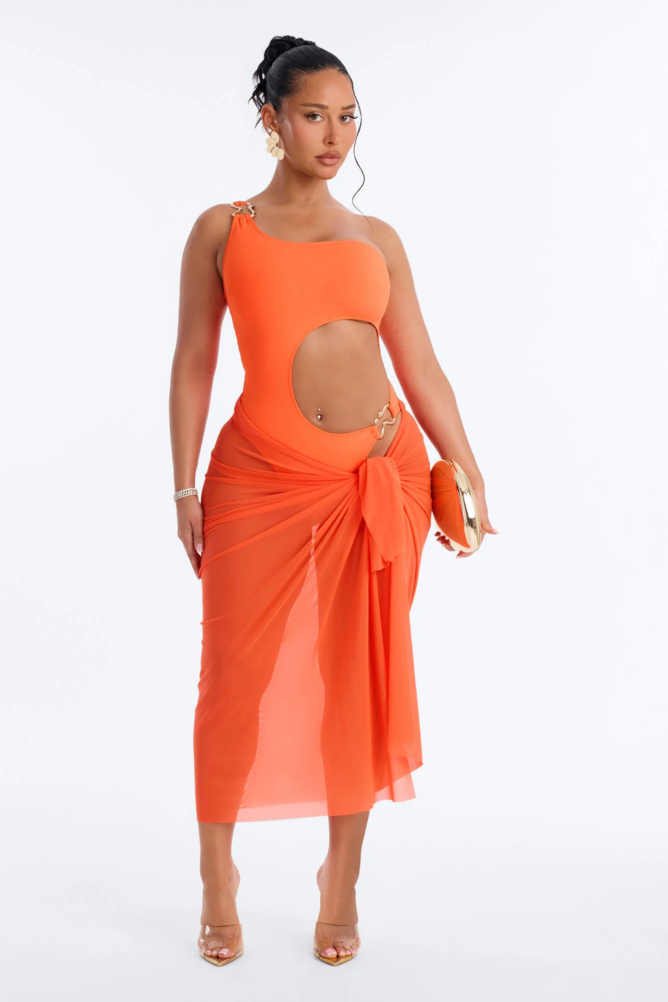 Stay Salty Hardware Cut Out Sheer 2 Piece Swimsuit - Orange