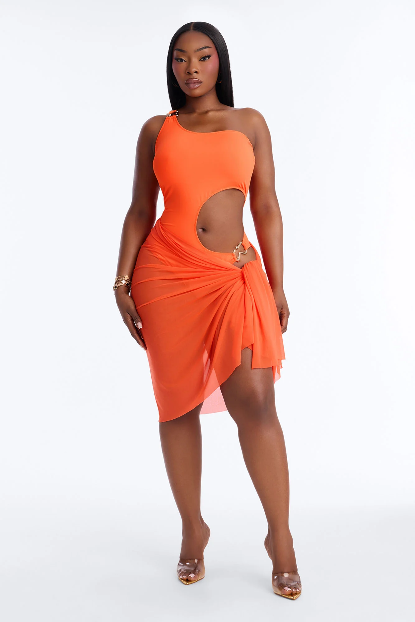Stay Salty Hardware Cut Out Sheer 2 Piece Swimsuit - Orange - Image 6
