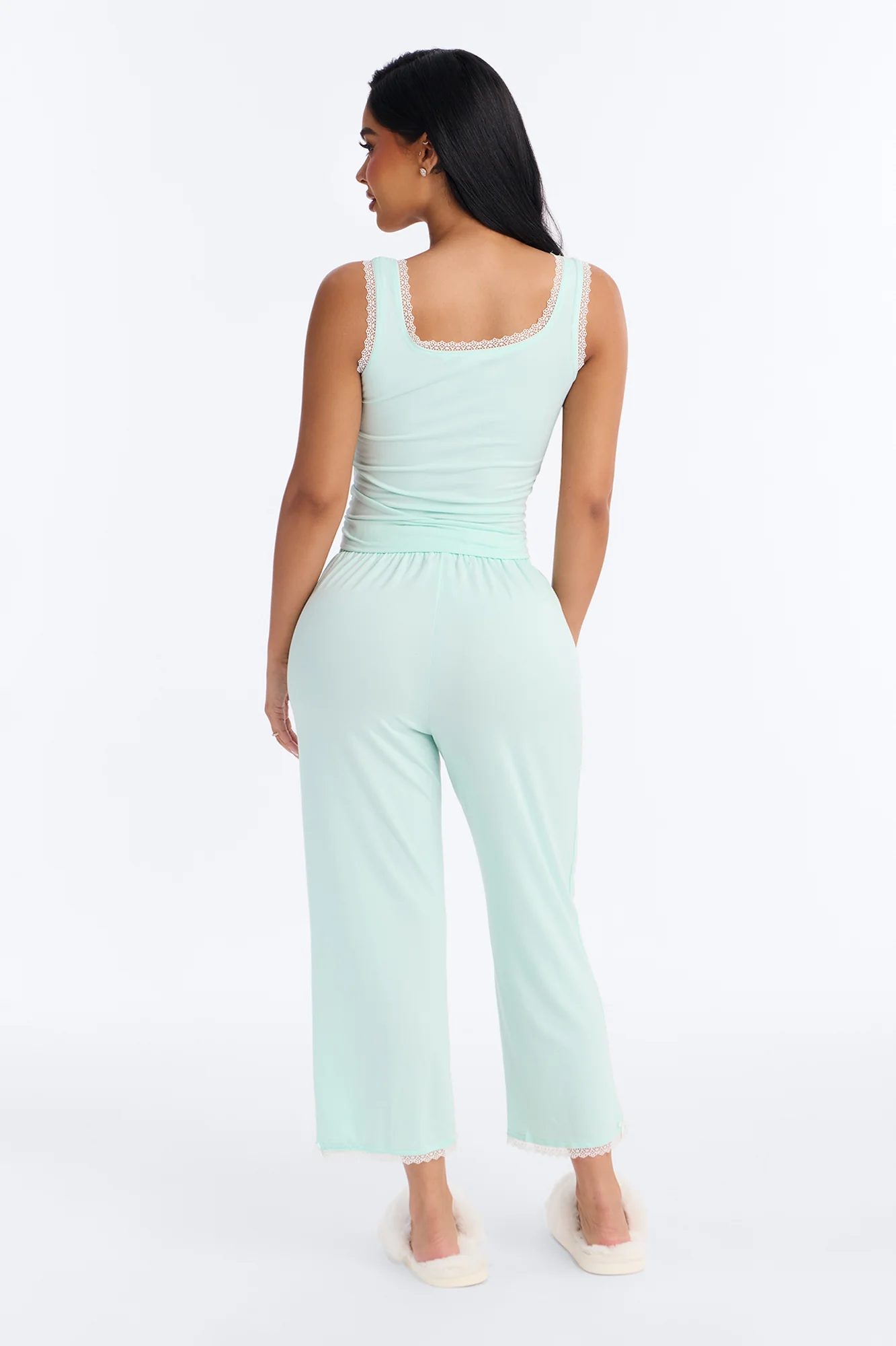 Stay With Me Lace Trim PJ Capri Pant Set - Mint - Image 3