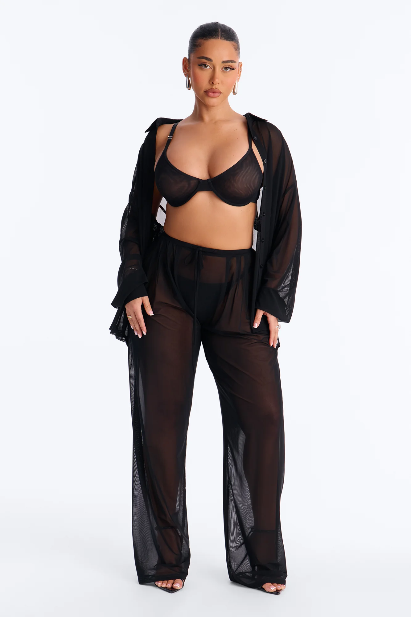 Staying In Mesh Pleated Wide Leg Pant - Black