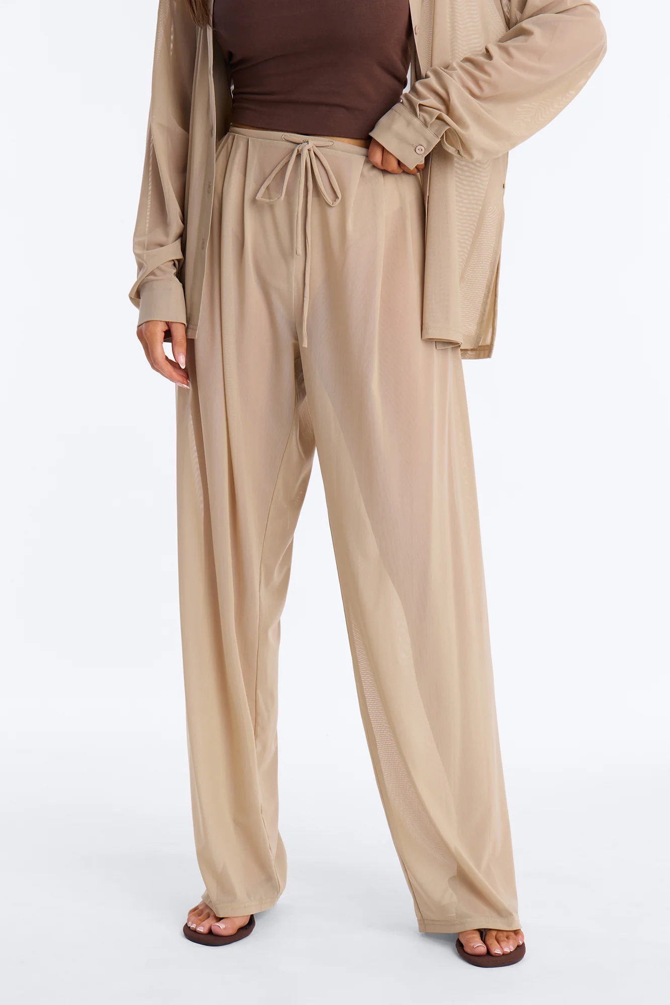 Staying In Mesh Pleated Wide Leg Pant - Taupe - Image 2