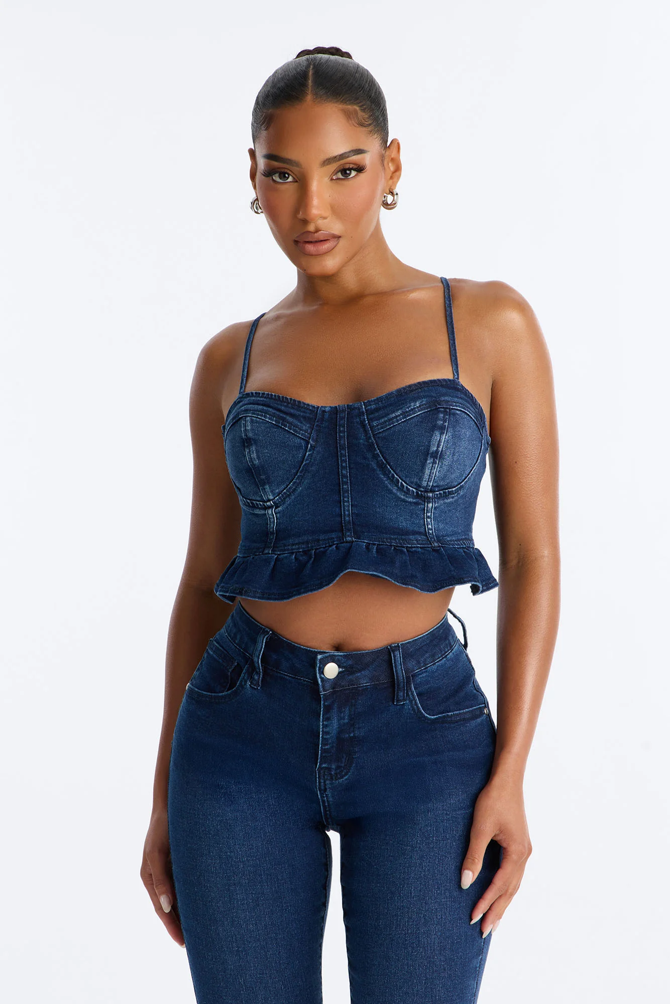 Steal The Show Ruffle Denim Bustier Tank - Dark Wash