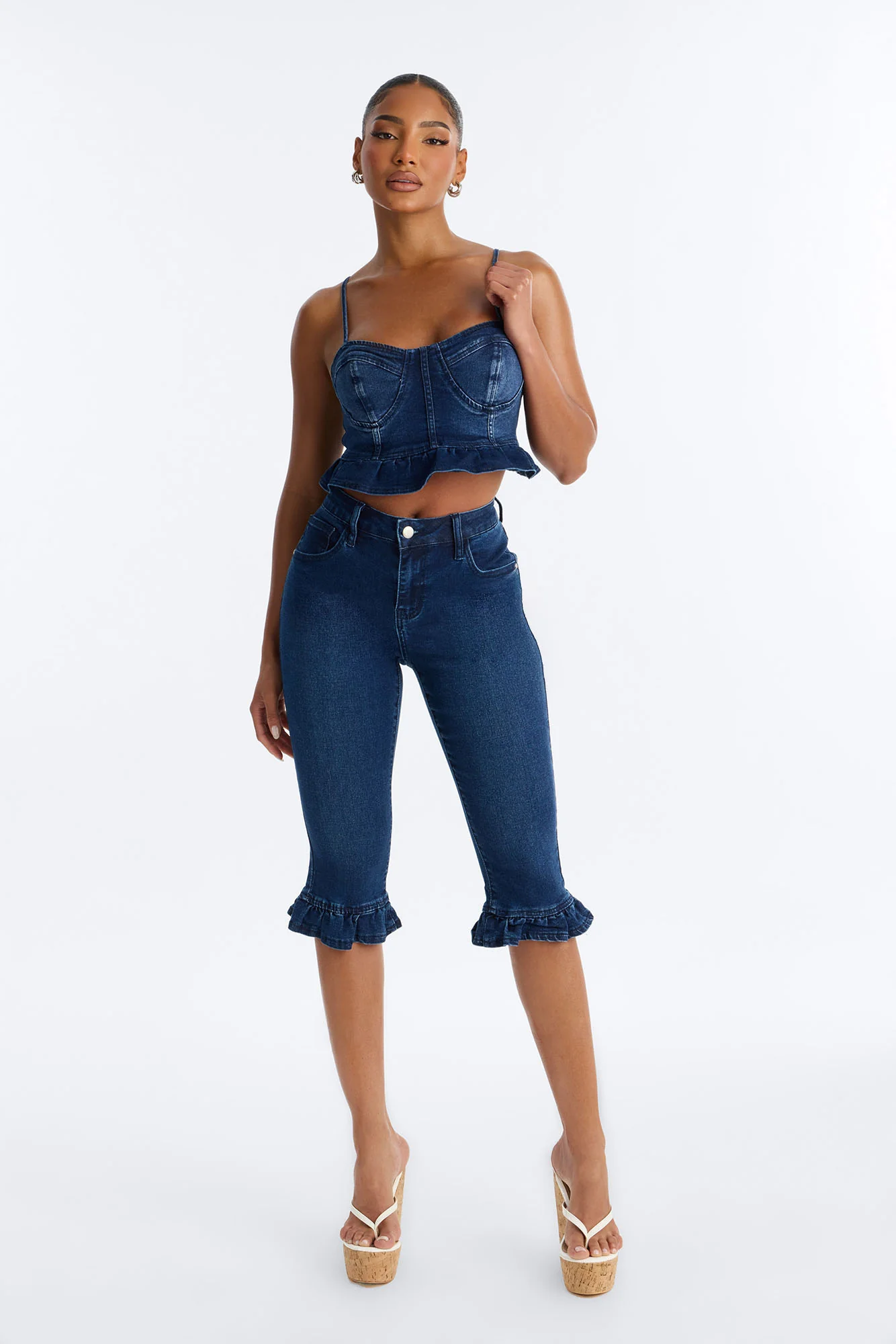 Steal The Show Ruffle Denim Bustier Tank - Dark Wash - Image 2