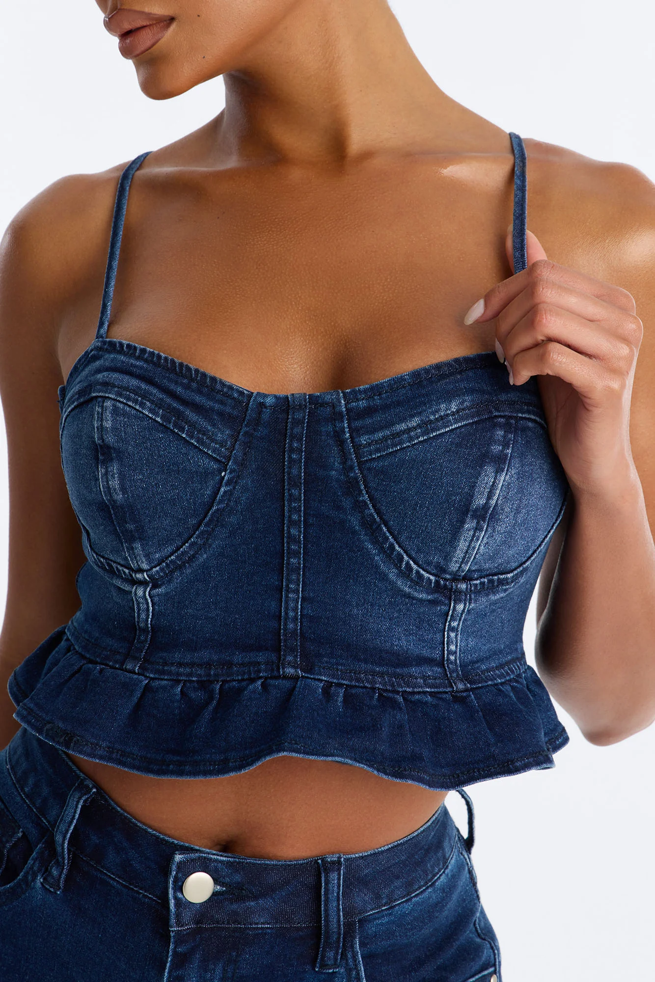 Steal The Show Ruffle Denim Bustier Tank - Dark Wash - Image 3