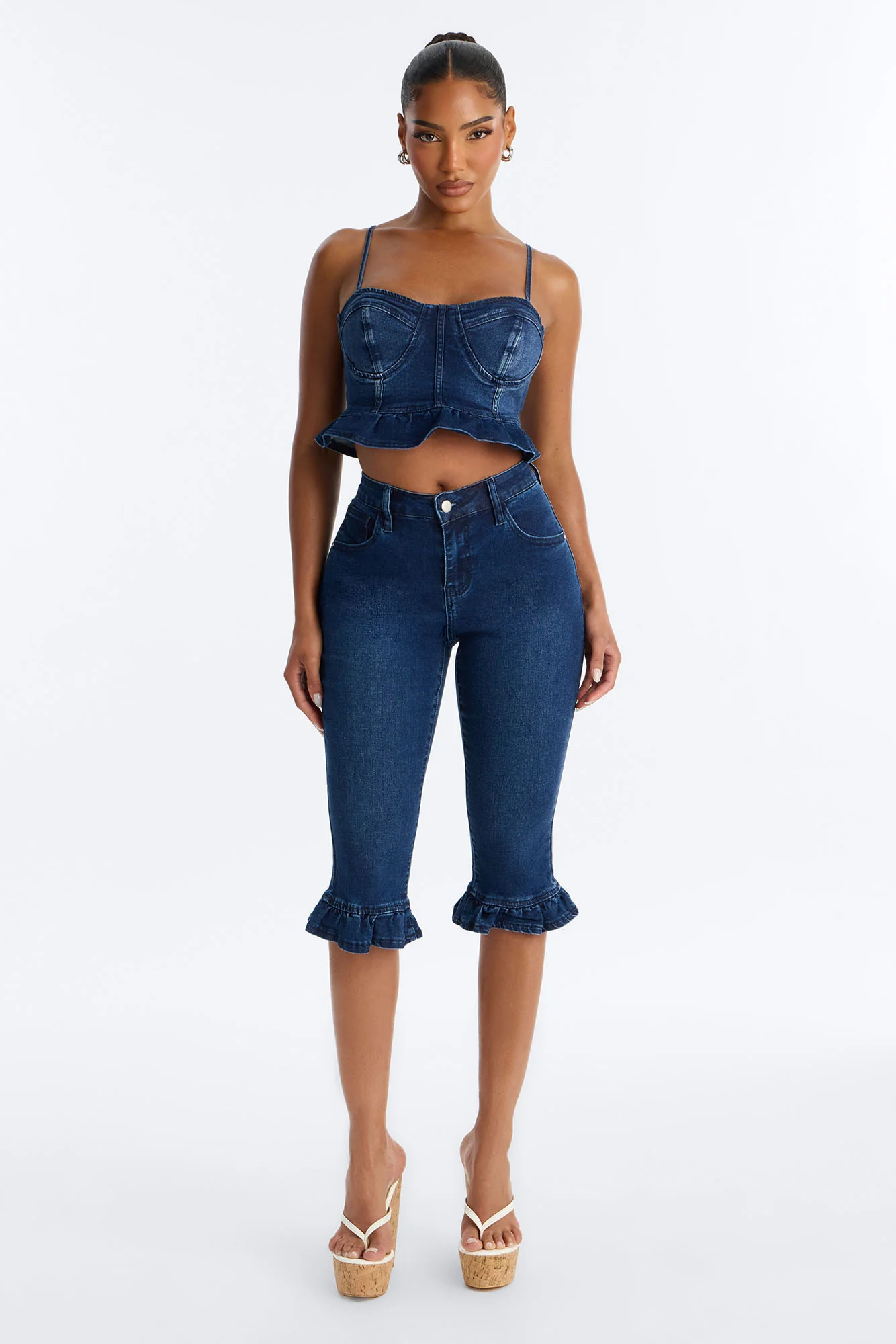 Steal The Show Ruffle Denim Capris - Dark Wash