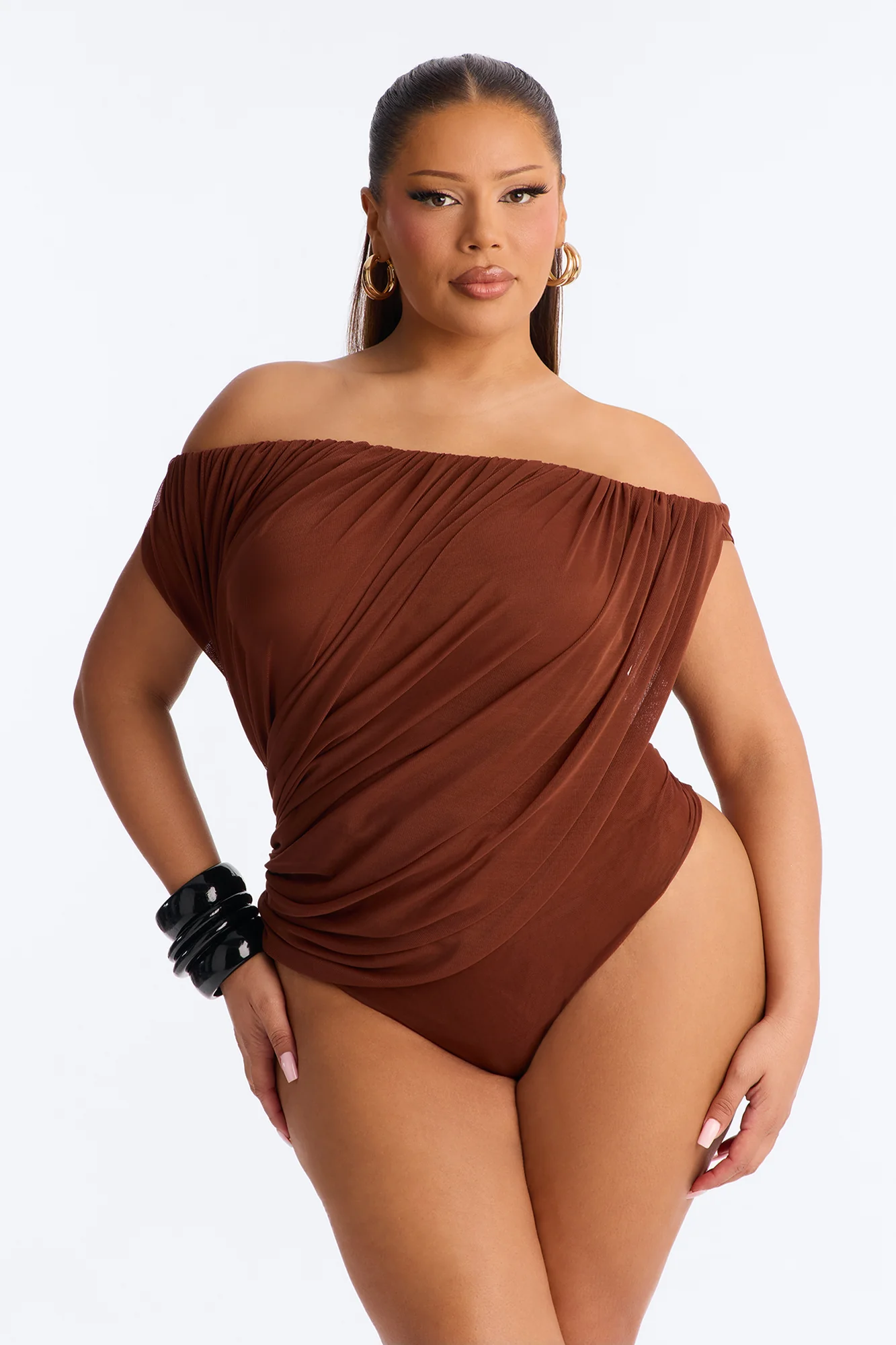 Steff Ruched Off Shoulder Mesh Bodysuit - Brown - Image 5