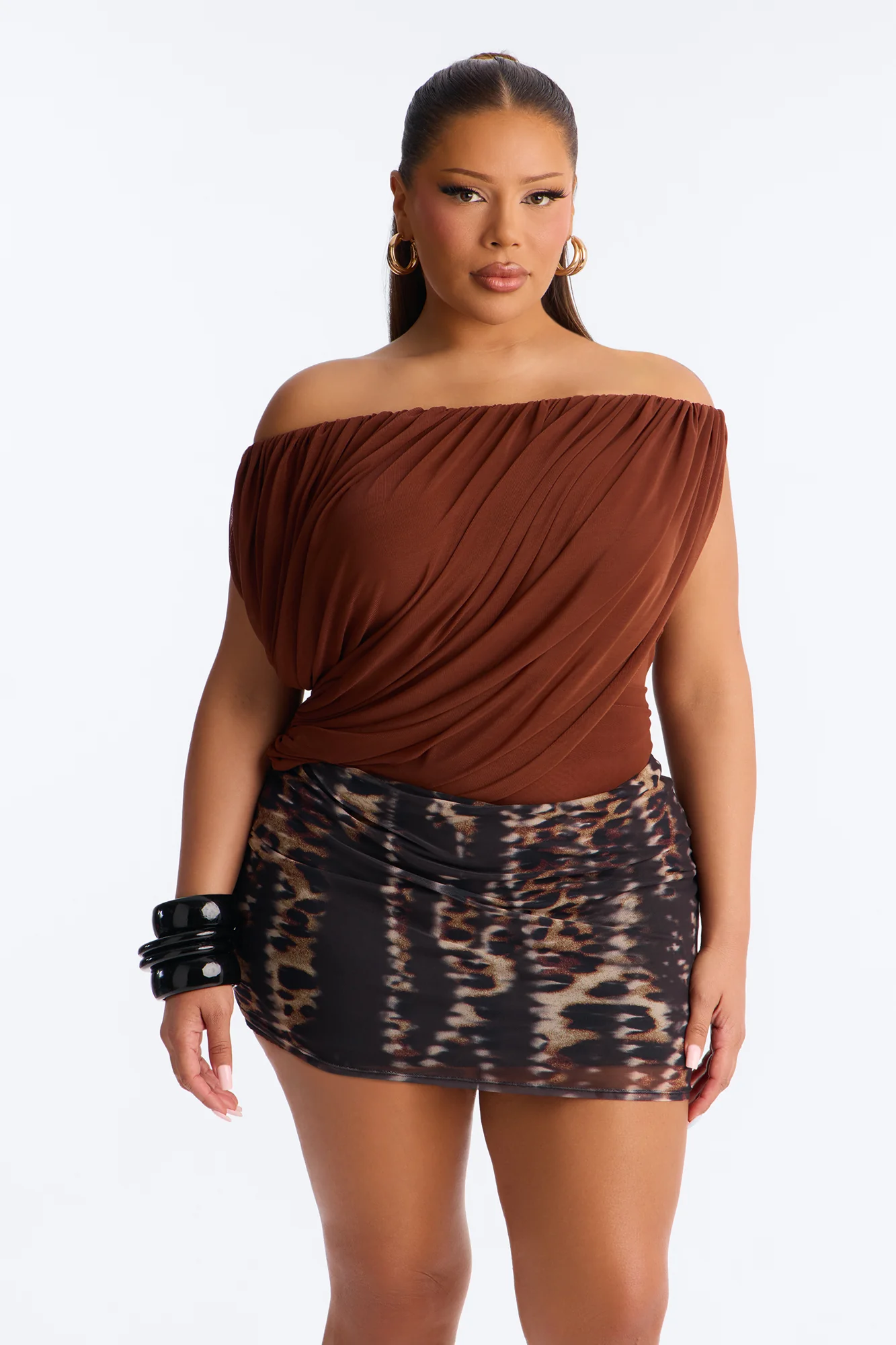 Steff Ruched Off Shoulder Mesh Bodysuit - Brown - Image 6