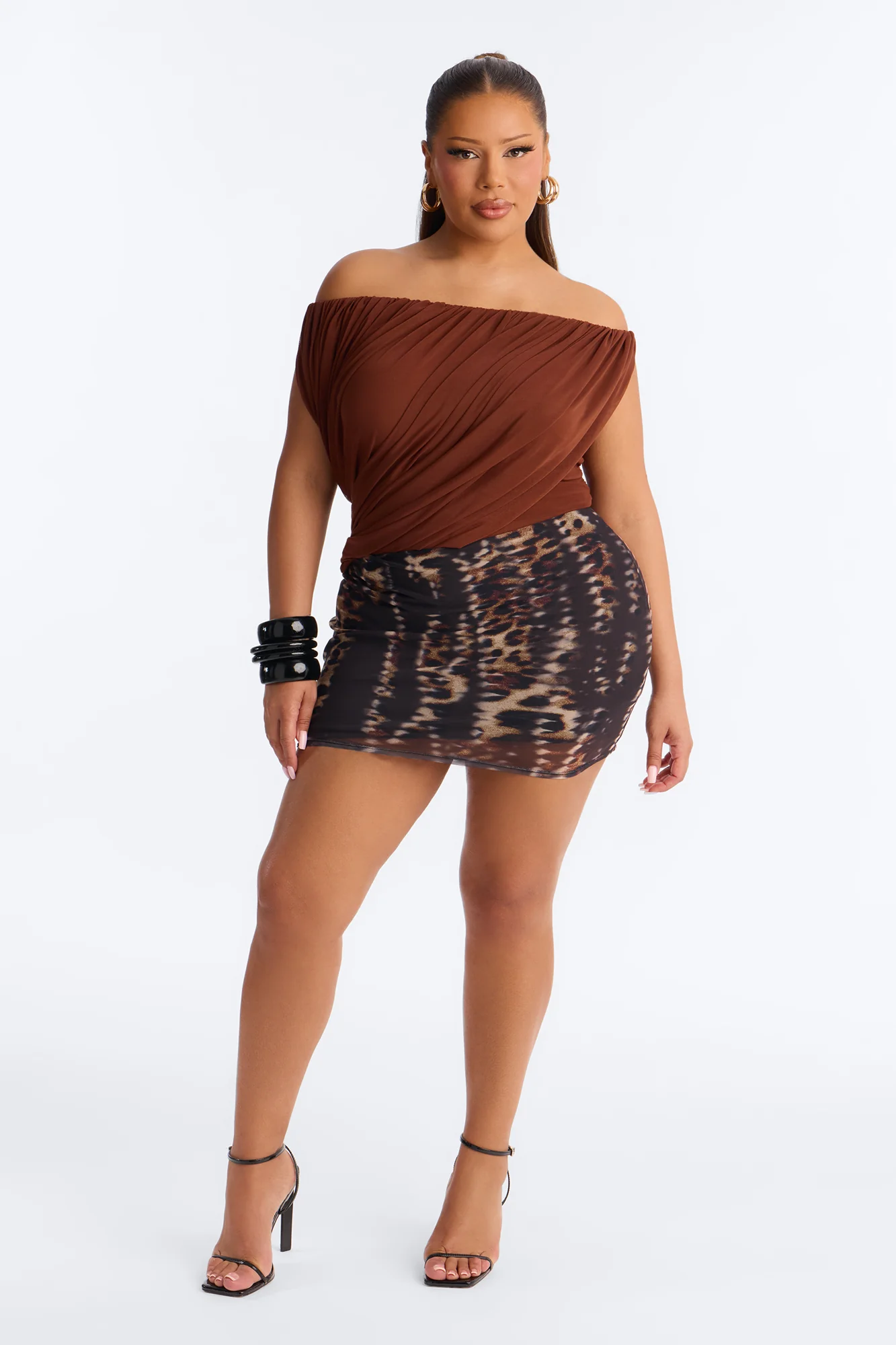 Steff Ruched Off Shoulder Mesh Bodysuit - Brown - Image 7