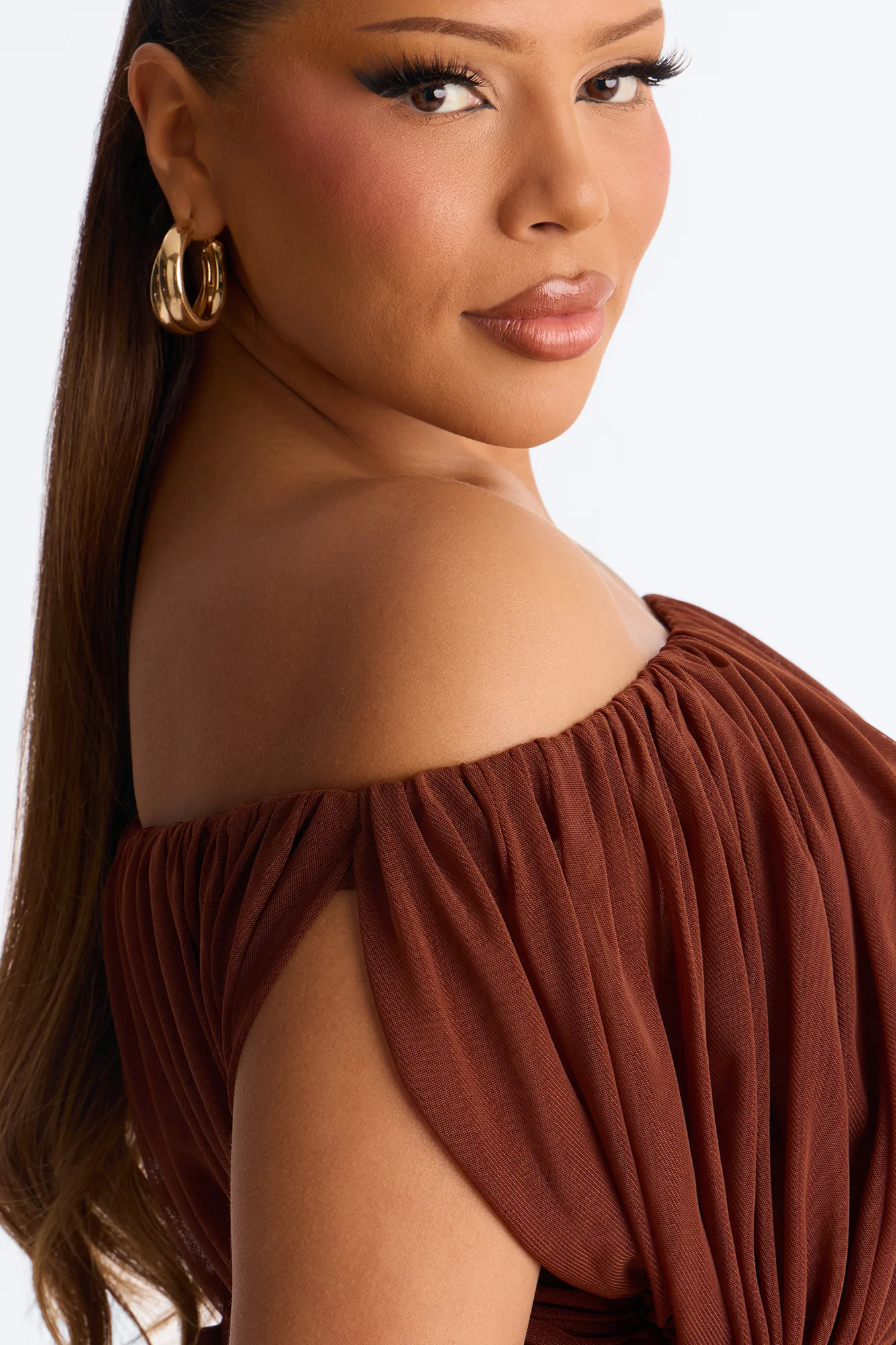 Steff Ruched Off Shoulder Mesh Bodysuit - Brown - Image 8