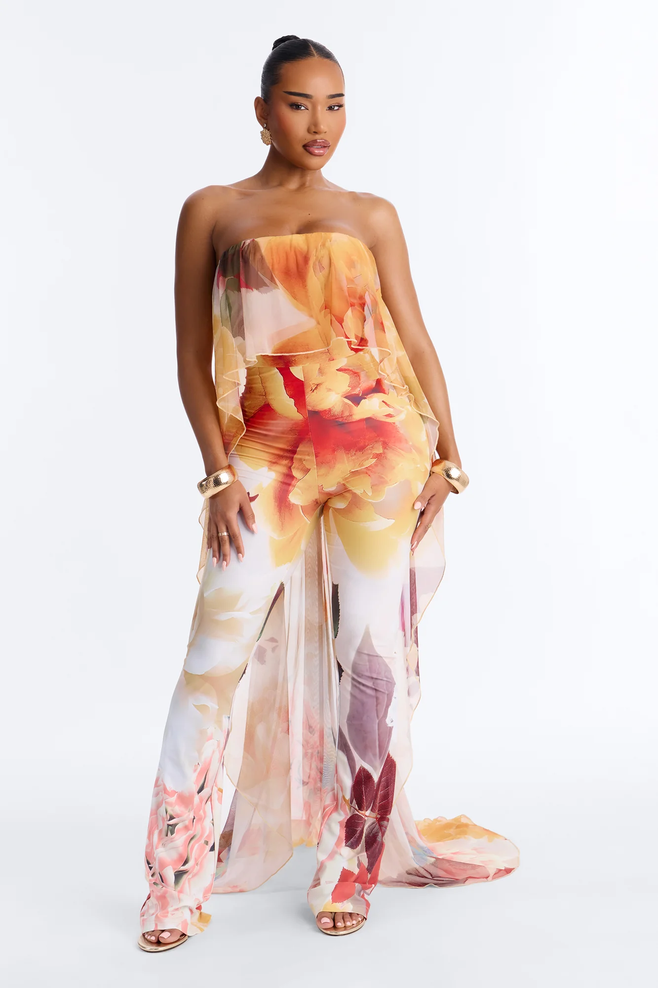 Steph Draped Floral Strapless Jumpsuit - Yellow - Image 2