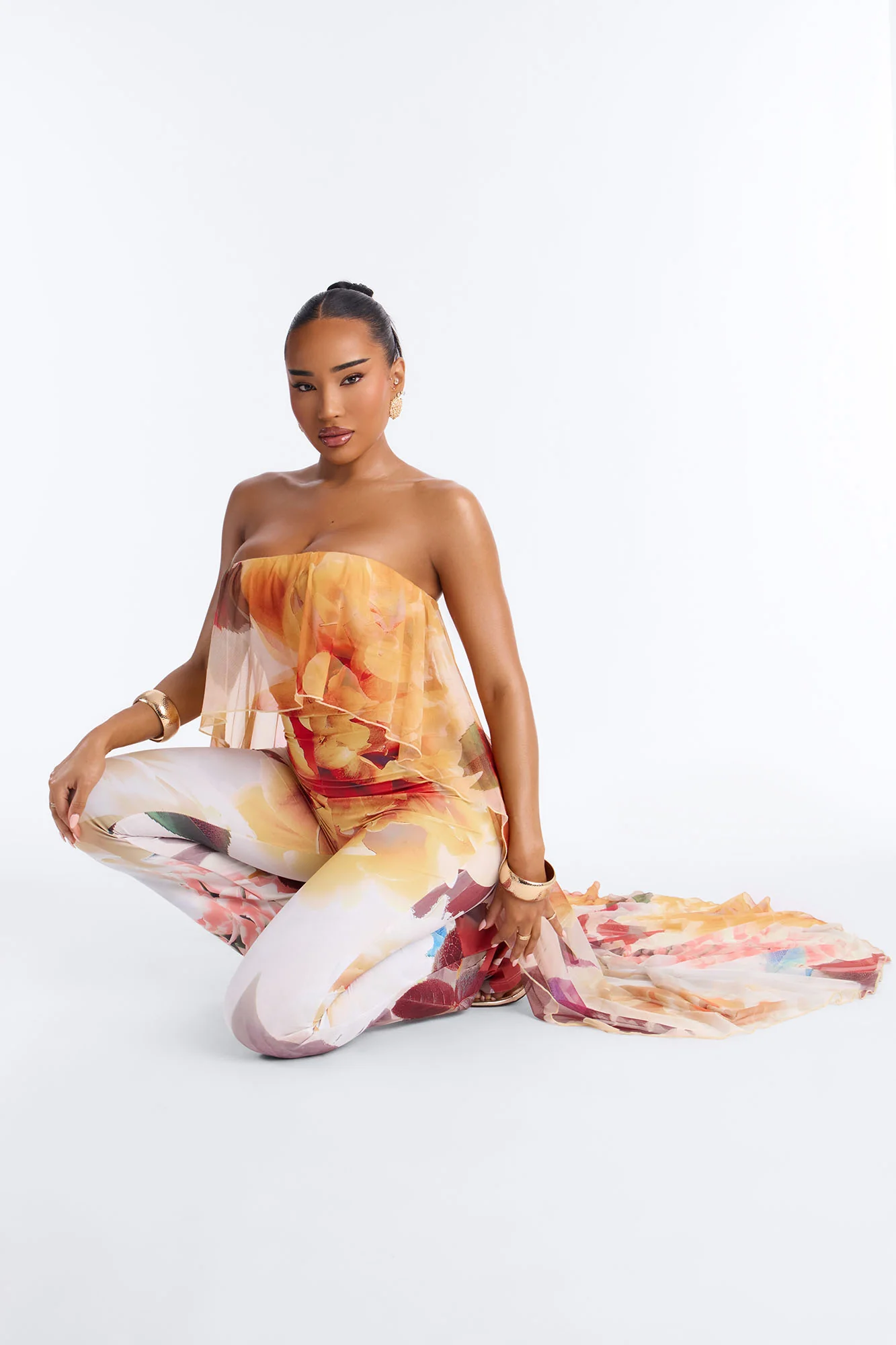 Steph Draped Floral Strapless Jumpsuit - Yellow - Image 3
