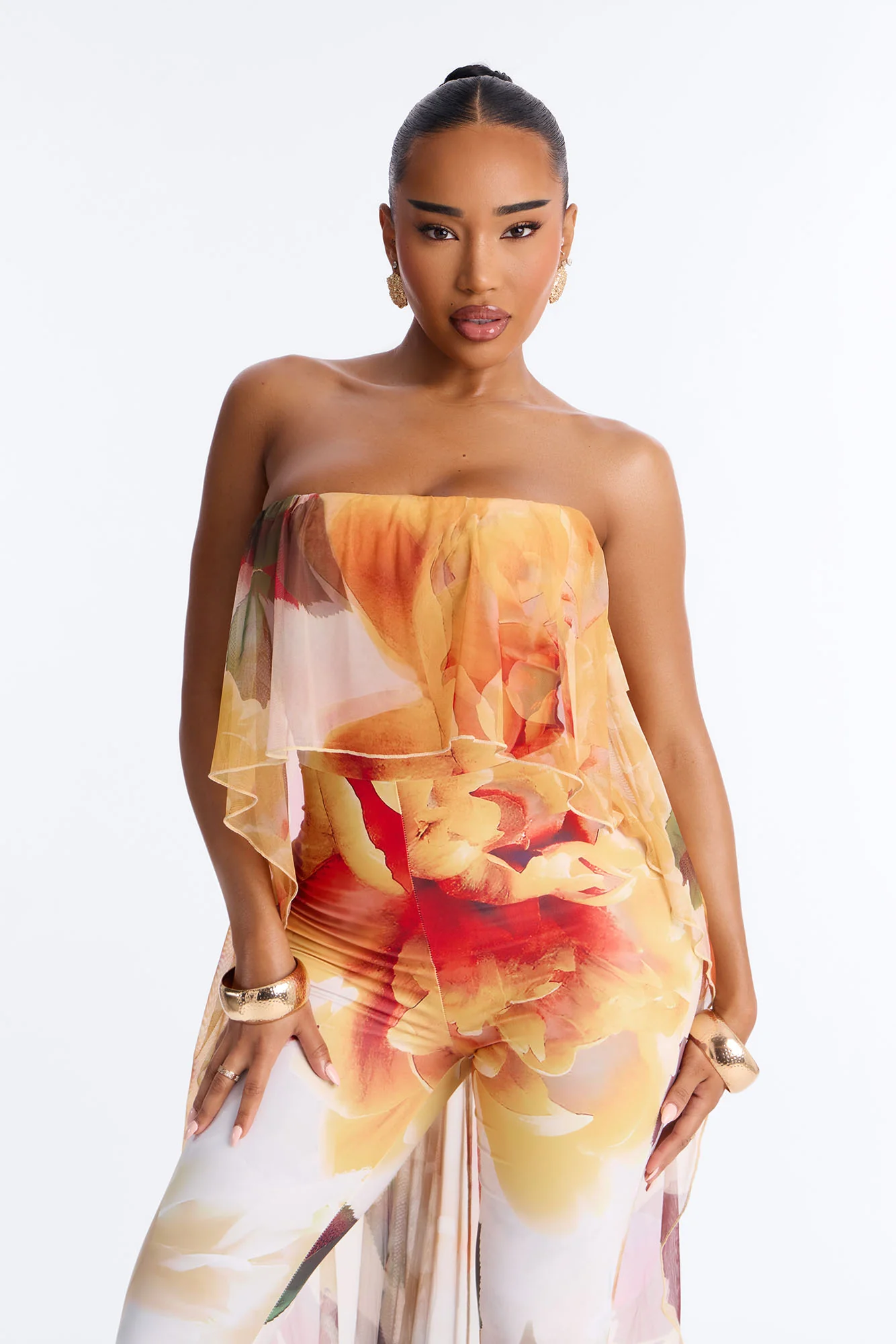 Steph Draped Floral Strapless Jumpsuit - Yellow - Image 4