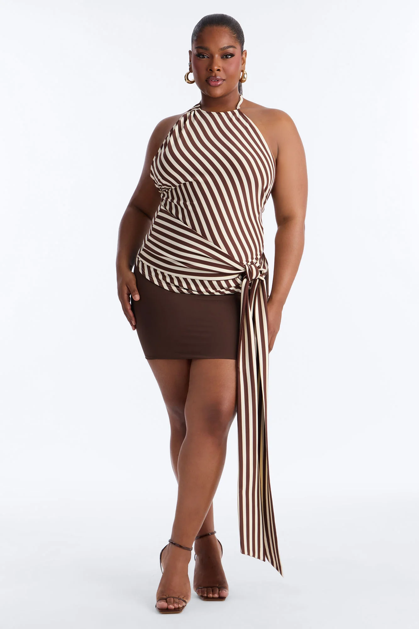 Steph Striped Draped Tie Halter Top - Mocha/combo - Image 5