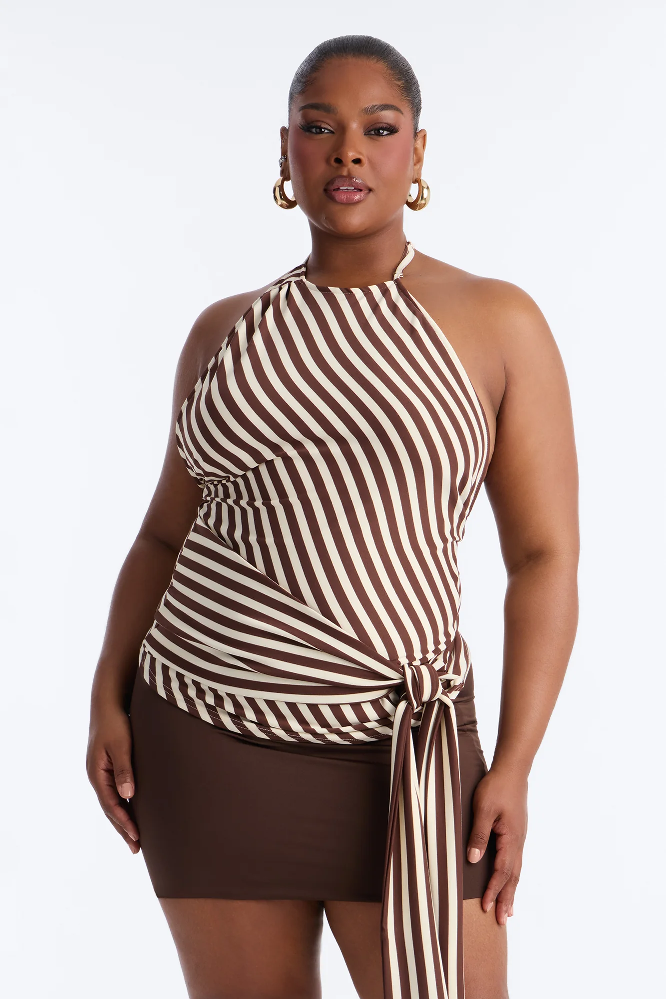 Steph Striped Draped Tie Halter Top - Mocha/combo - Image 6