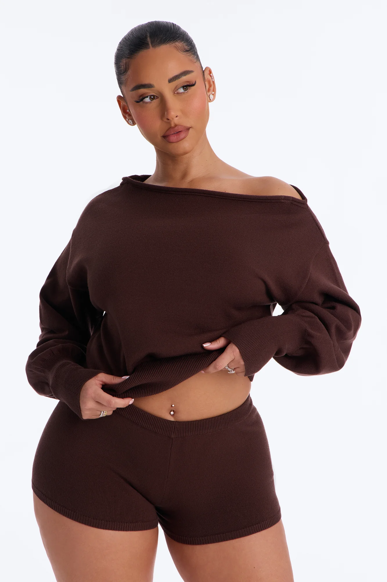 Stephanie Off Shoulder Sweater Micro Short Set - Chocolate - Image 2