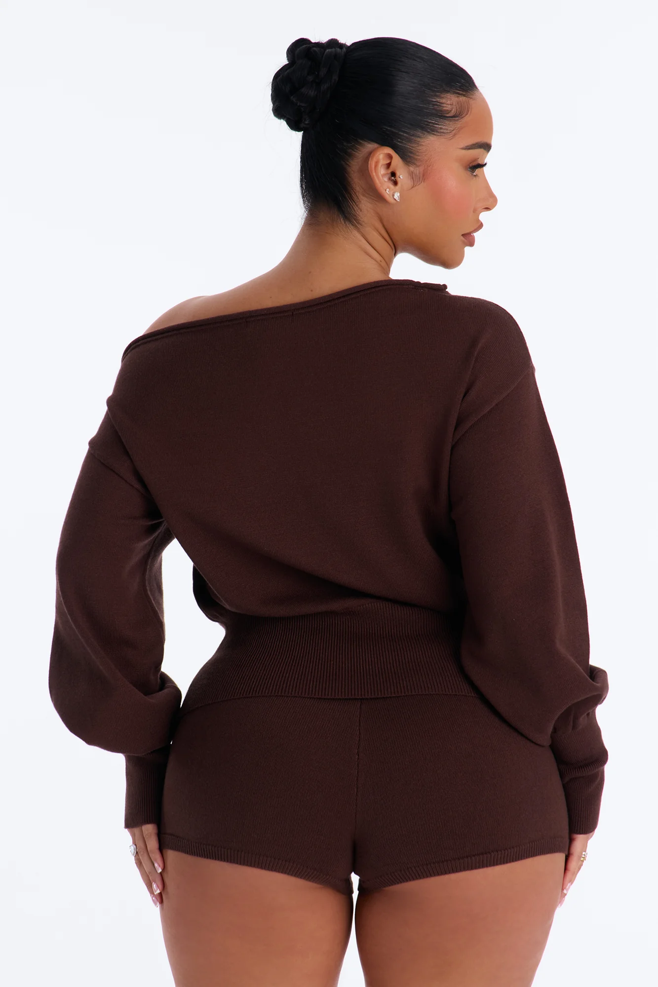 Stephanie Off Shoulder Sweater Micro Short Set - Chocolate - Image 4