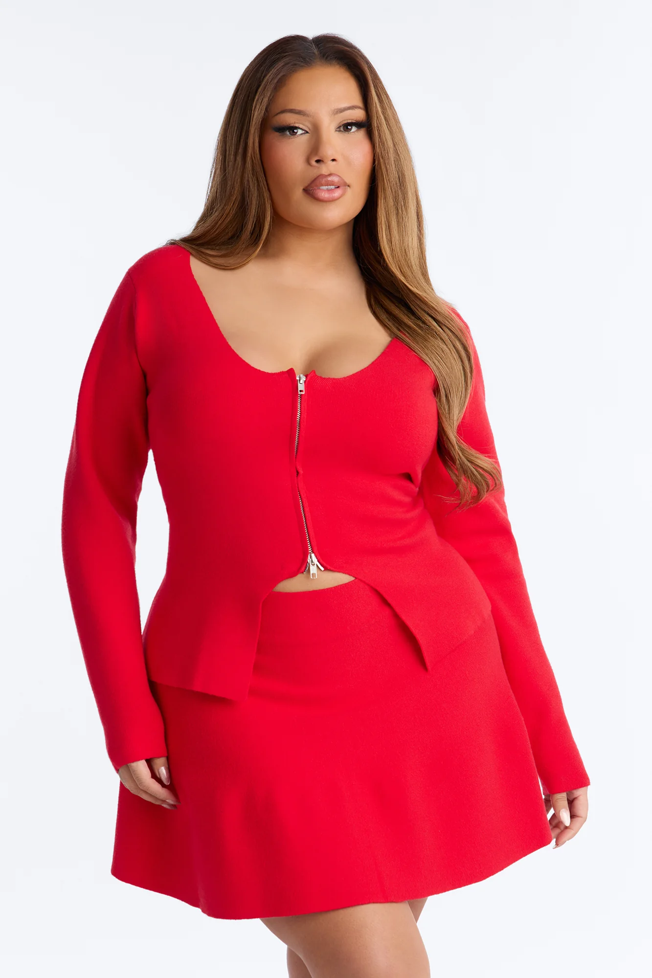Stephie Two Way Zip Cardigan Skirt Set - Red - Image 4