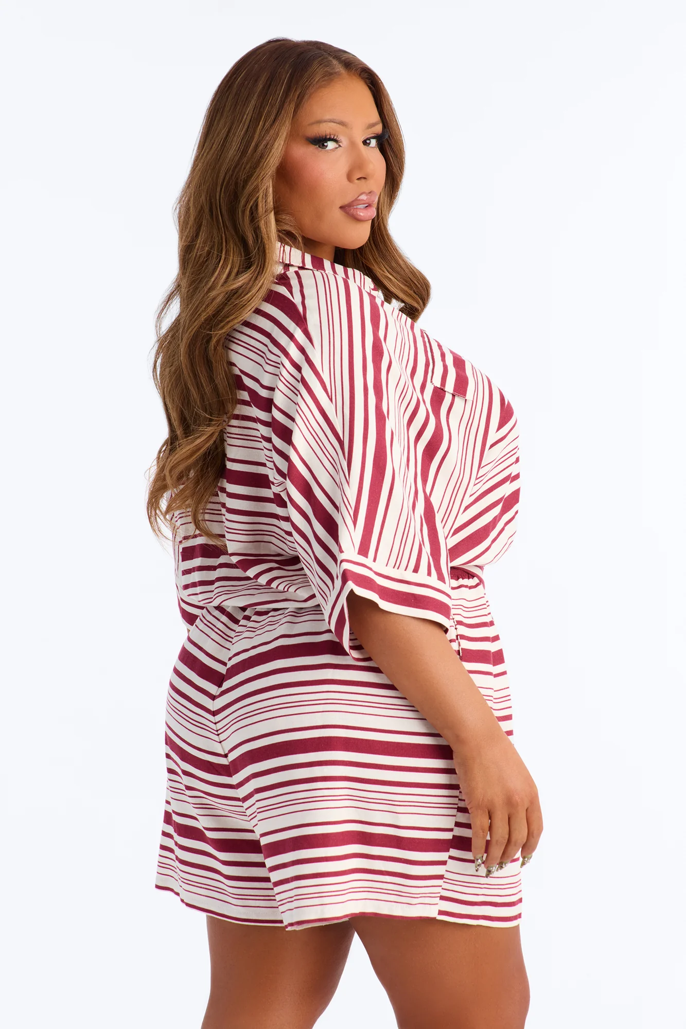 Stilia Striped Collar Linen Romper - Burgundy - Image 7
