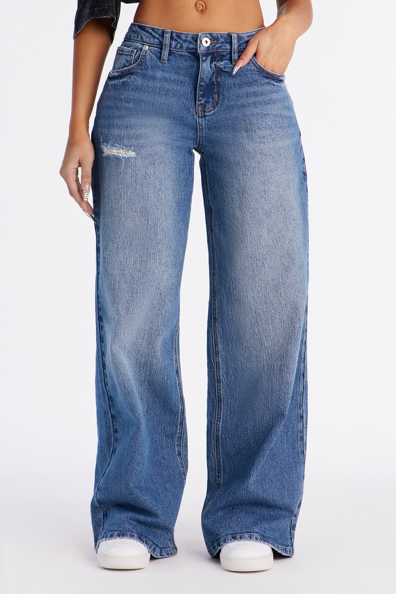 Still Going Strong Ripped Baggy Wide Leg Jeans - Medium Wash - Image 2
