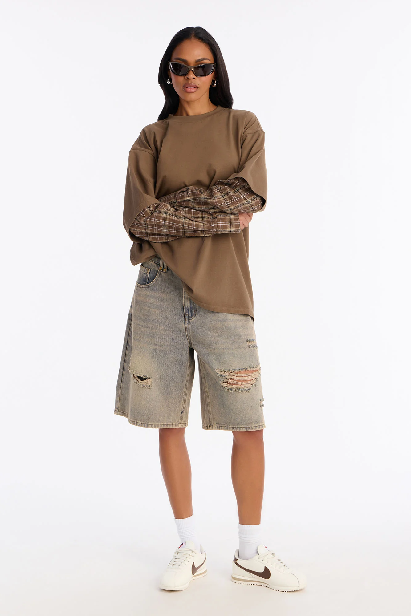 Stole Your Boyfriends Oversized Plaid Long Sleeve T-Shirt - Brown/combo - Image 2