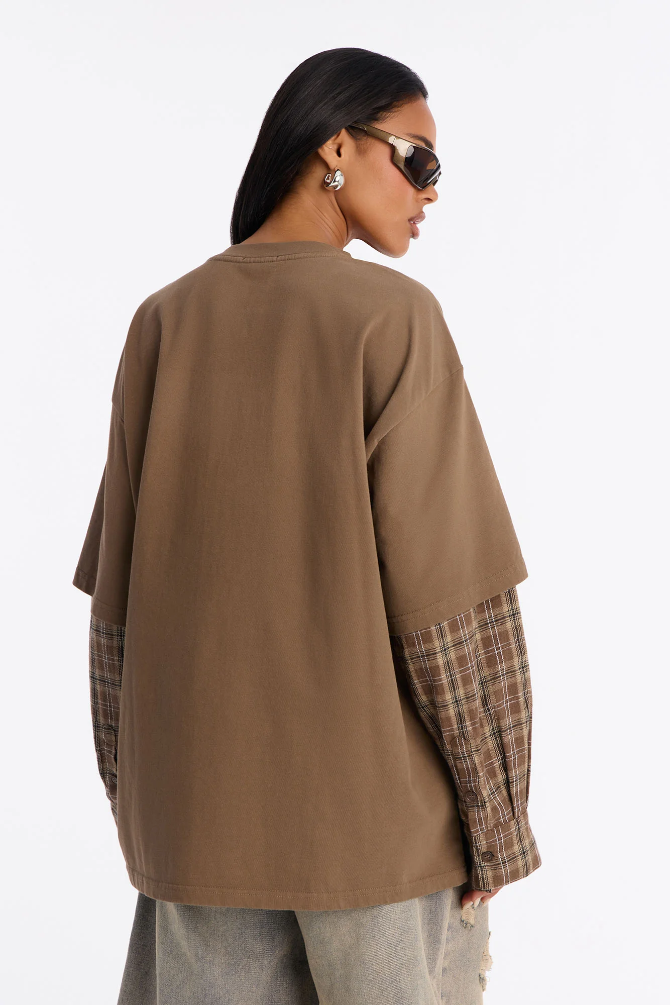 Stole Your Boyfriends Oversized Plaid Long Sleeve T-Shirt - Brown/combo - Image 3