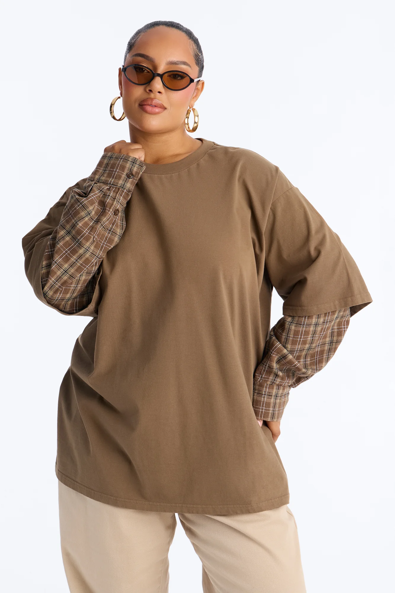 Stole Your Boyfriends Oversized Plaid Long Sleeve T-Shirt - Brown/combo - Image 4