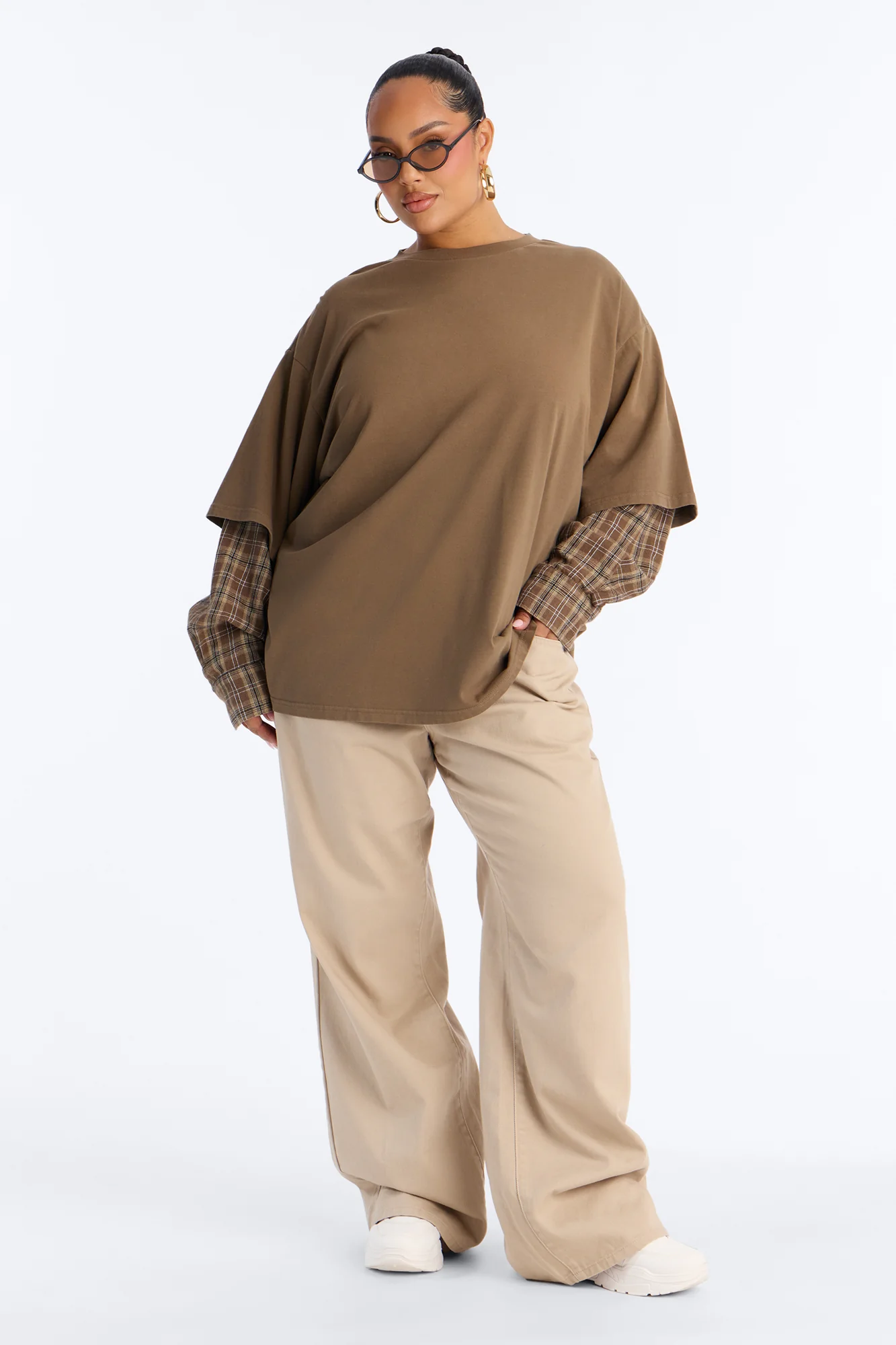 Stole Your Boyfriends Oversized Plaid Long Sleeve T-Shirt - Brown/combo - Image 5