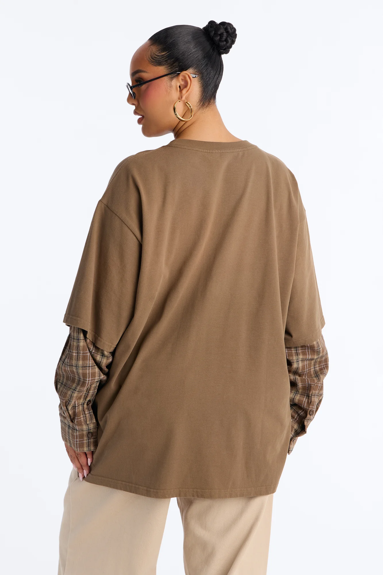 Stole Your Boyfriends Oversized Plaid Long Sleeve T-Shirt - Brown/combo - Image 7