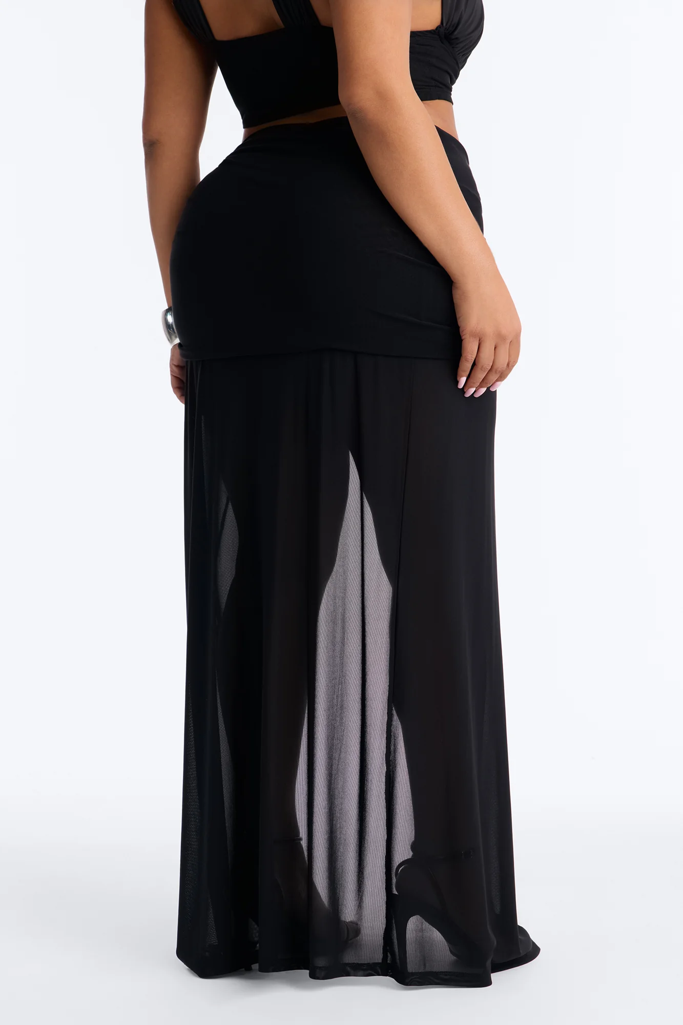 Stolen Moments Ruched Slit Mesh Maxi Skirt - Black - Image 8