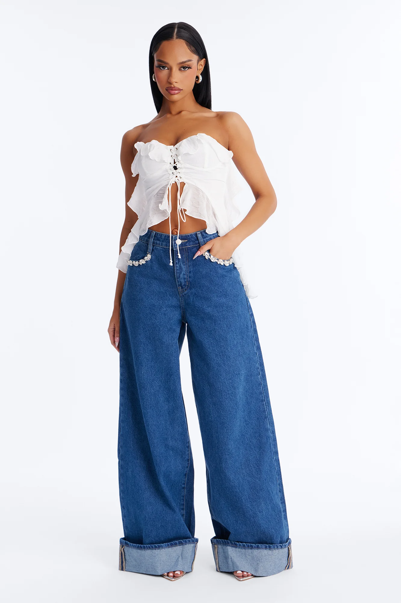 Stone Cold Embellished Cuffed Jeans - Dark Wash - Image 2