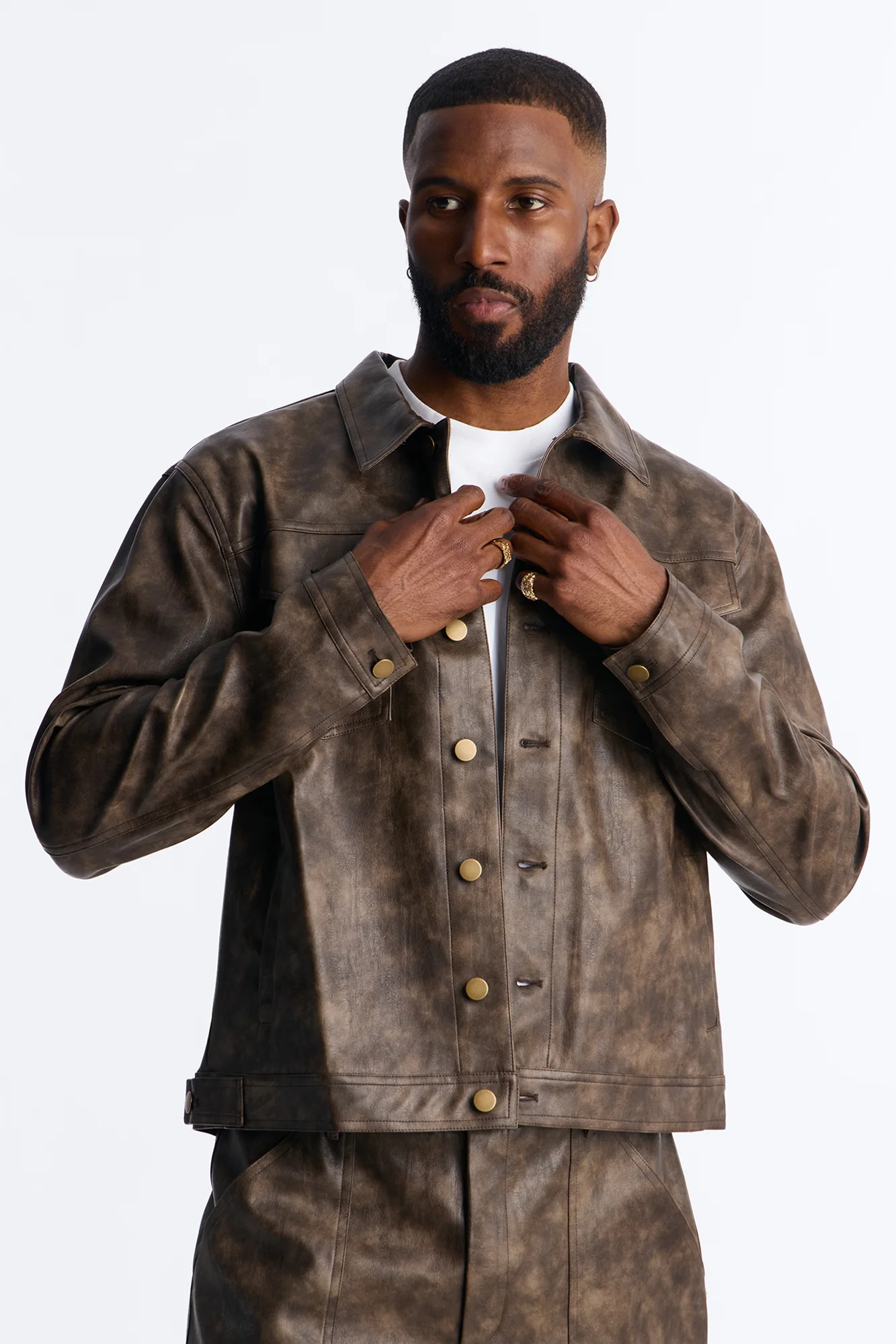 Stone Grained Faux Leather Trucker Jacket - Brown