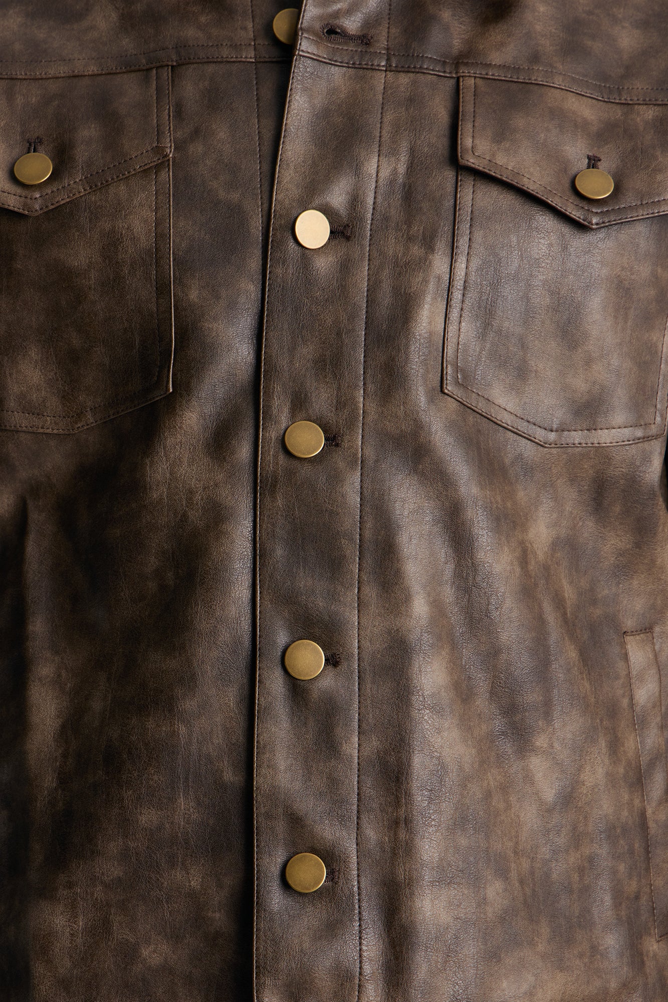 Stone Grained Faux Leather Trucker Jacket - Brown - Image 3