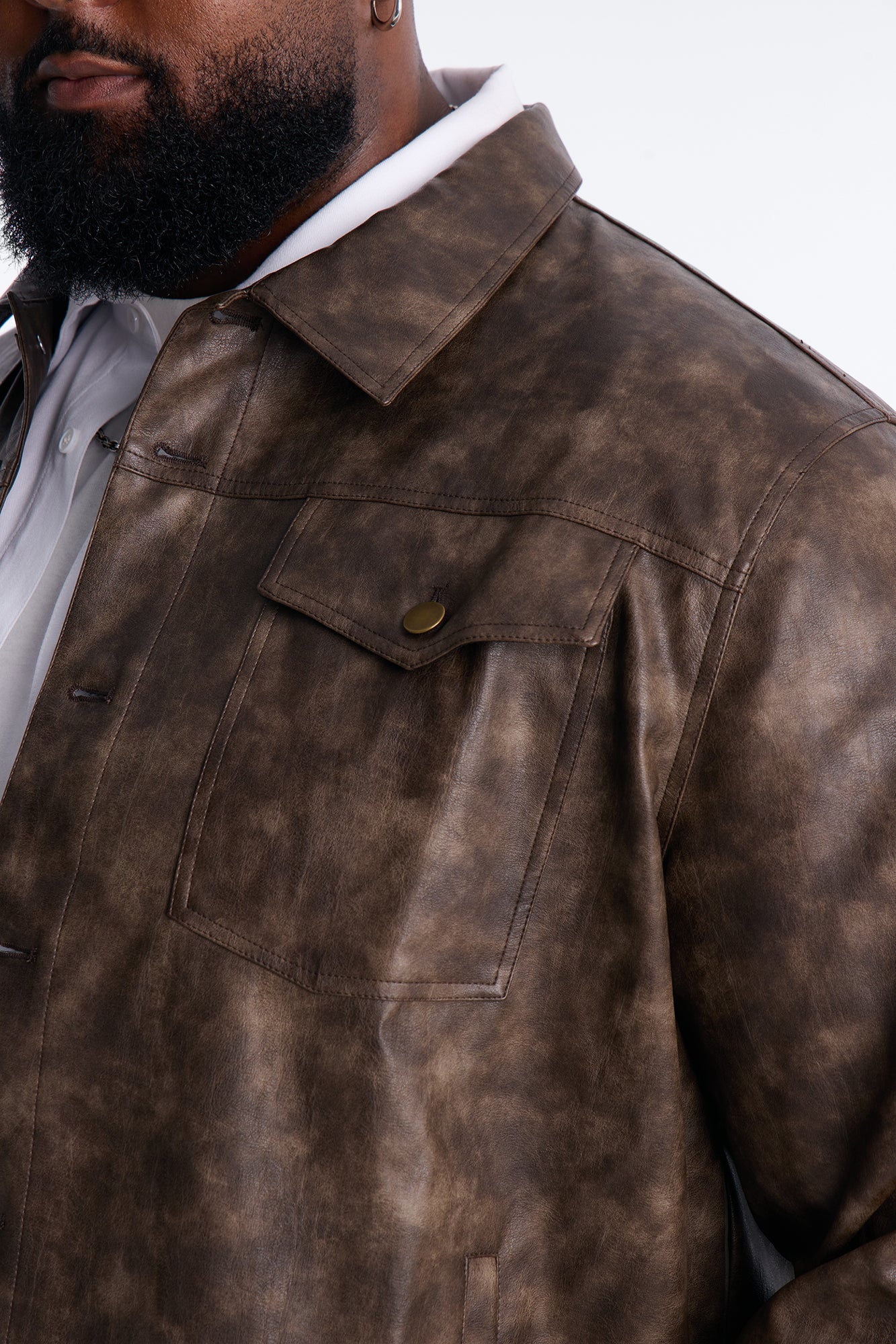 Stone Grained Faux Leather Trucker Jacket - Brown - Image 7