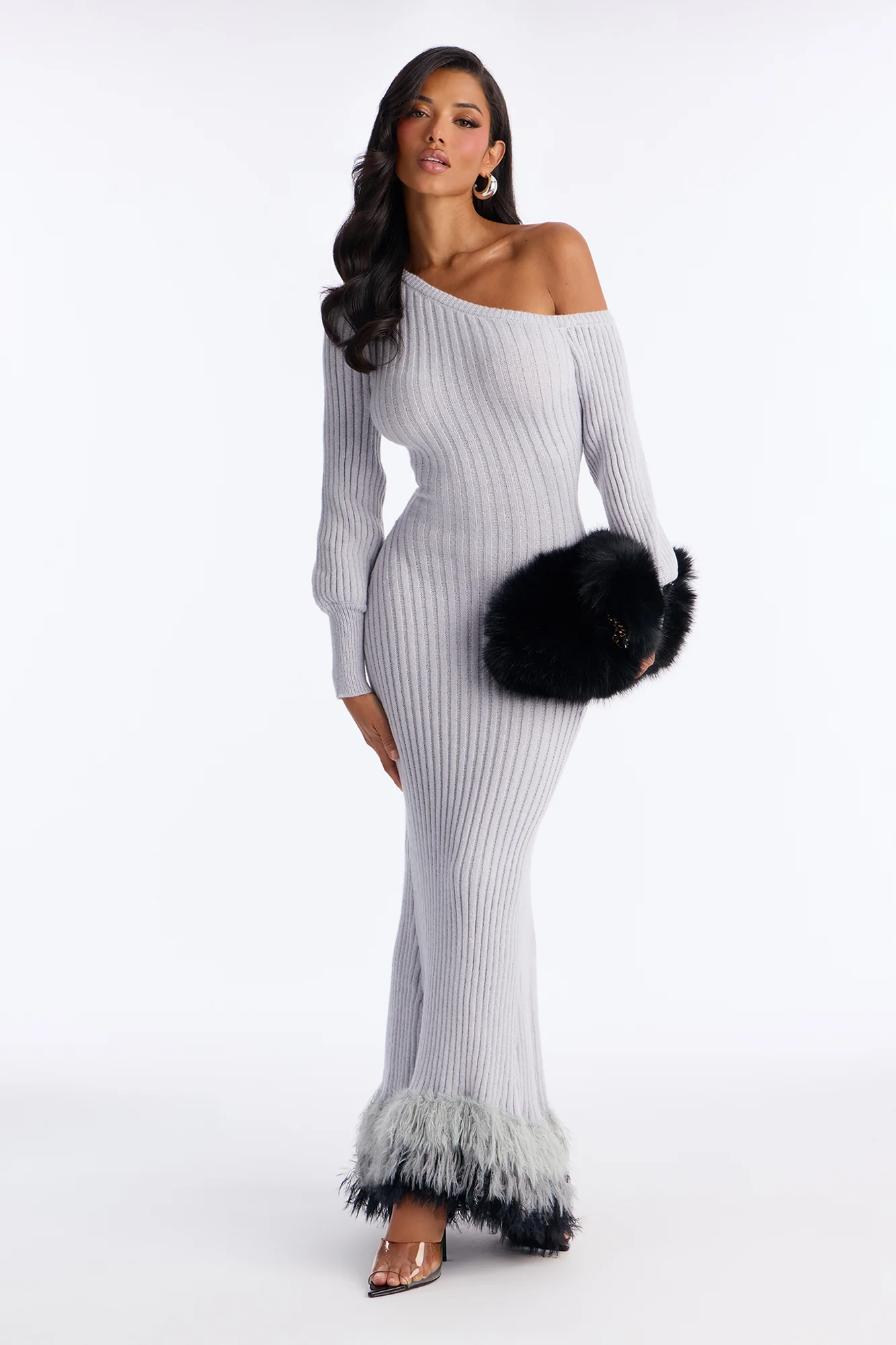 Stop And Stare Fur Trim Sweater Maxi Dress - Grey