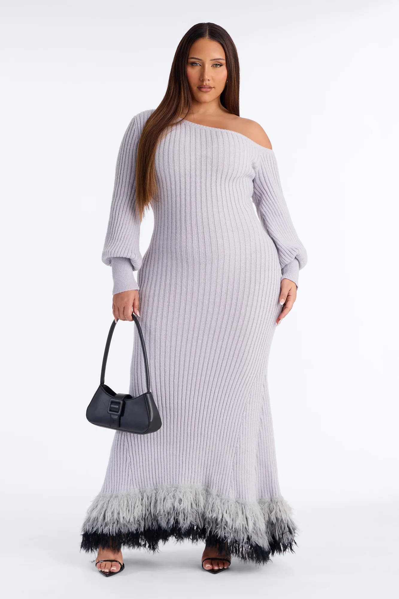 Stop And Stare Fur Trim Sweater Maxi Dress - Grey - Image 5