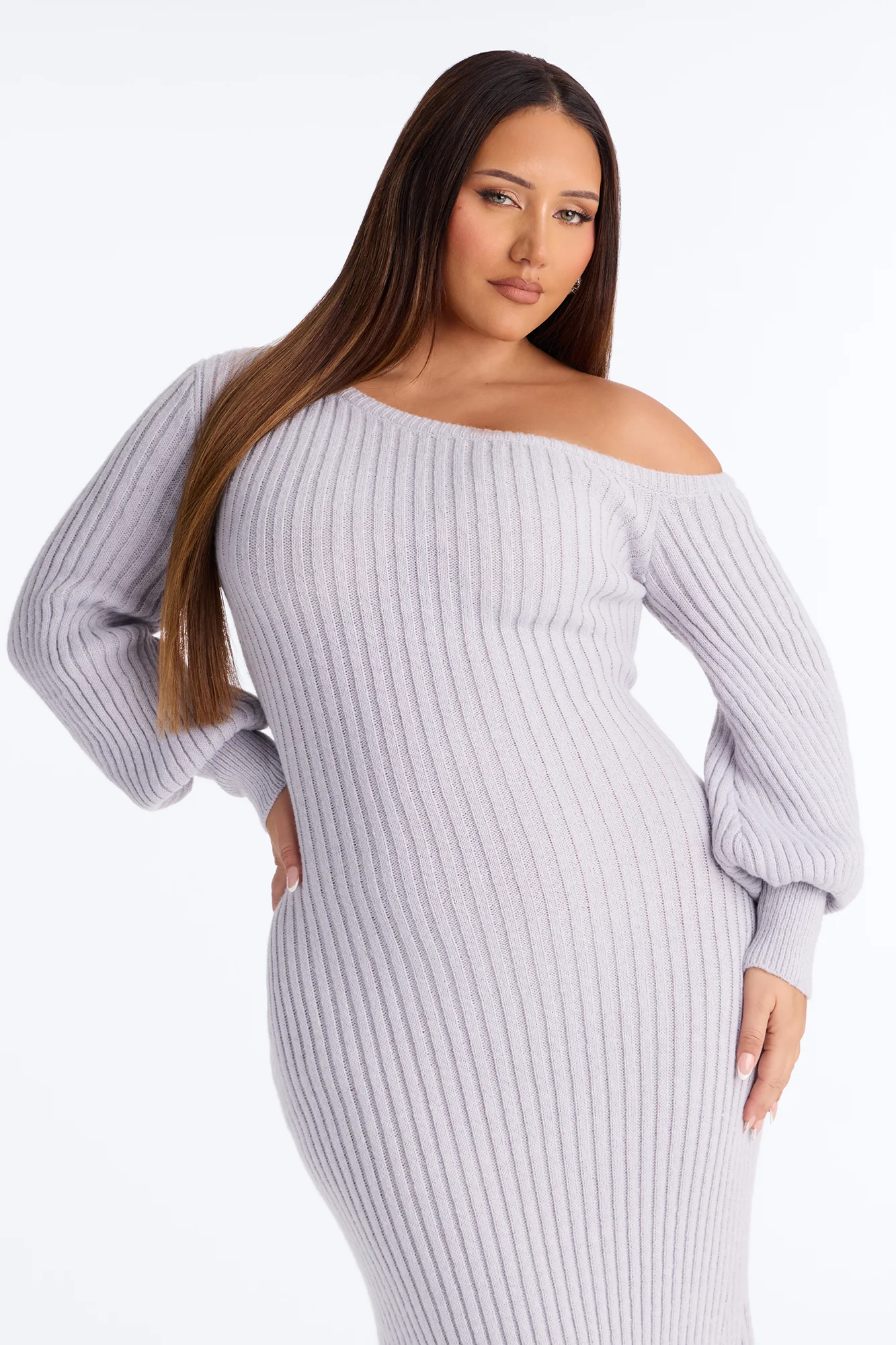 Stop And Stare Fur Trim Sweater Maxi Dress - Grey - Image 6