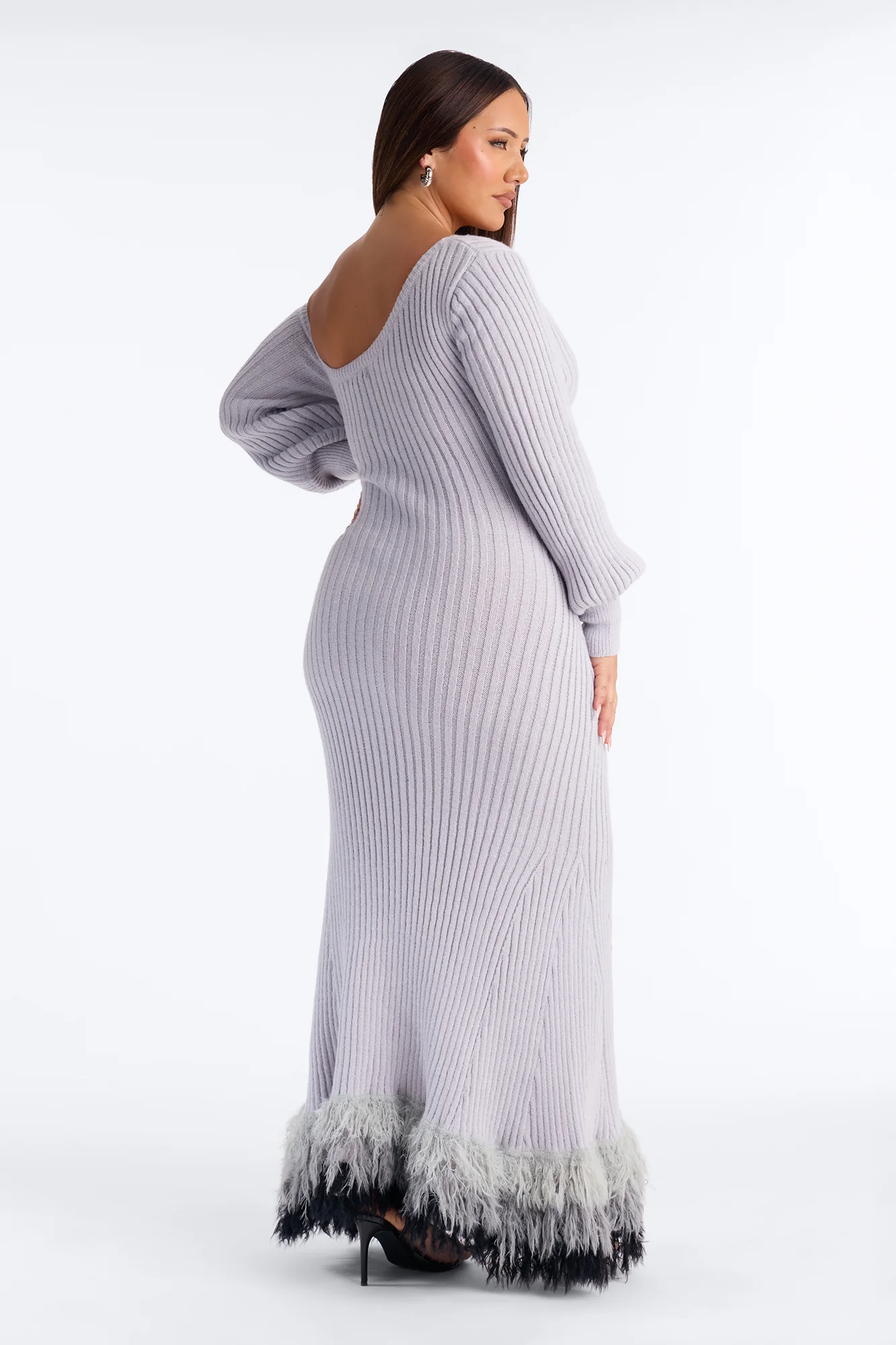 Stop And Stare Fur Trim Sweater Maxi Dress - Grey - Image 8