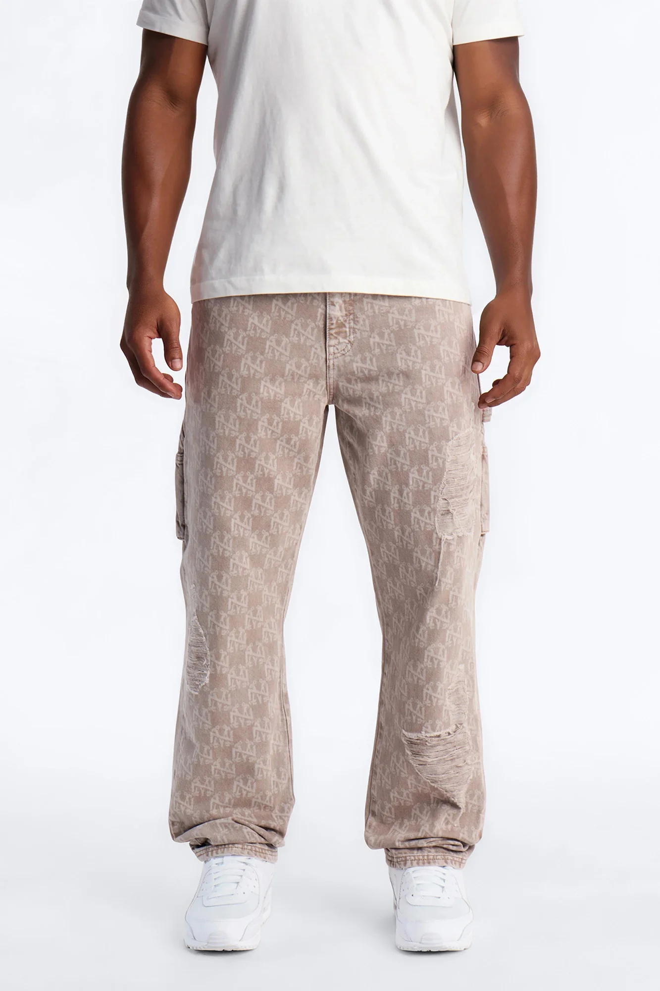 Straight Break Wide Monogram Distressed Jean - Khaki